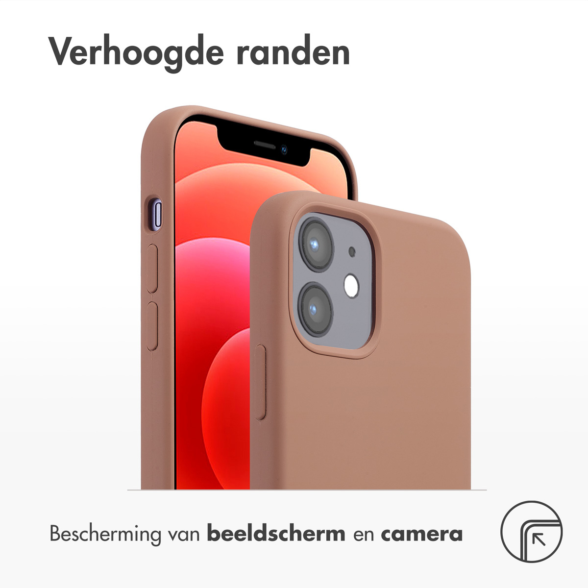 Twee telefoons in hoesjes, één vooraan, één achteraan. Nederlandse tekst.