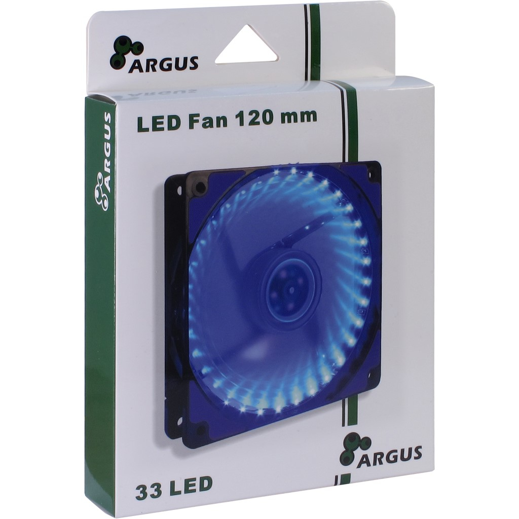 Ein LED-Lüfter verpackt in einer Box mit der Aufschrift 'ARGUS LED Fan 120 mm'.