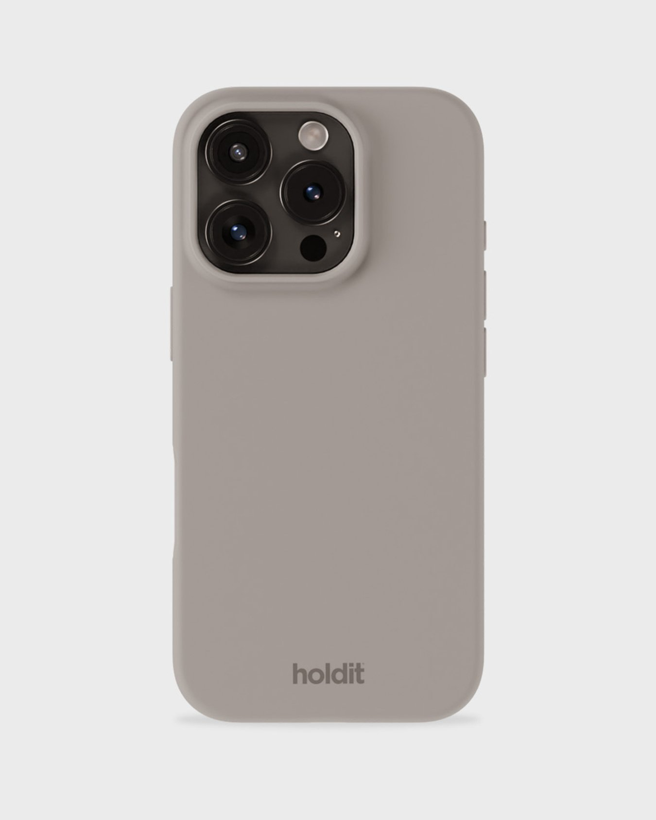Ein Smartphone in einer grauen Hülle. Die Hülle hat einen Kameraausschnitt und das Wort 'holdit' unten.