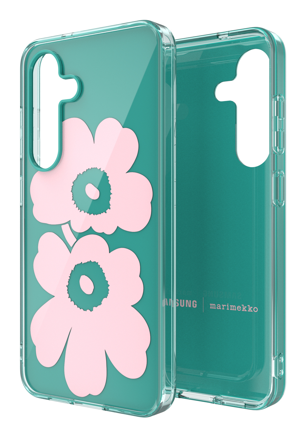 Custodia trasparente per telefono con design floreale rosa. Sfondo verde acqua. Marchi Marimekko e Samsung.