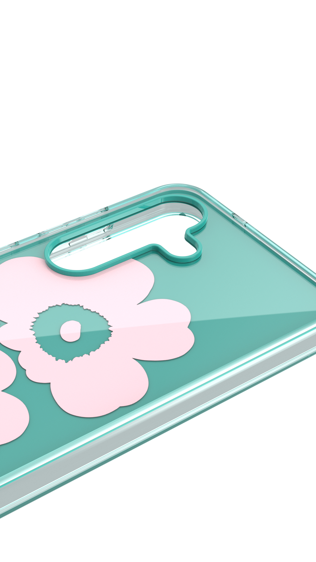 Custodia trasparente per telefono, con un design a fiori rosa.