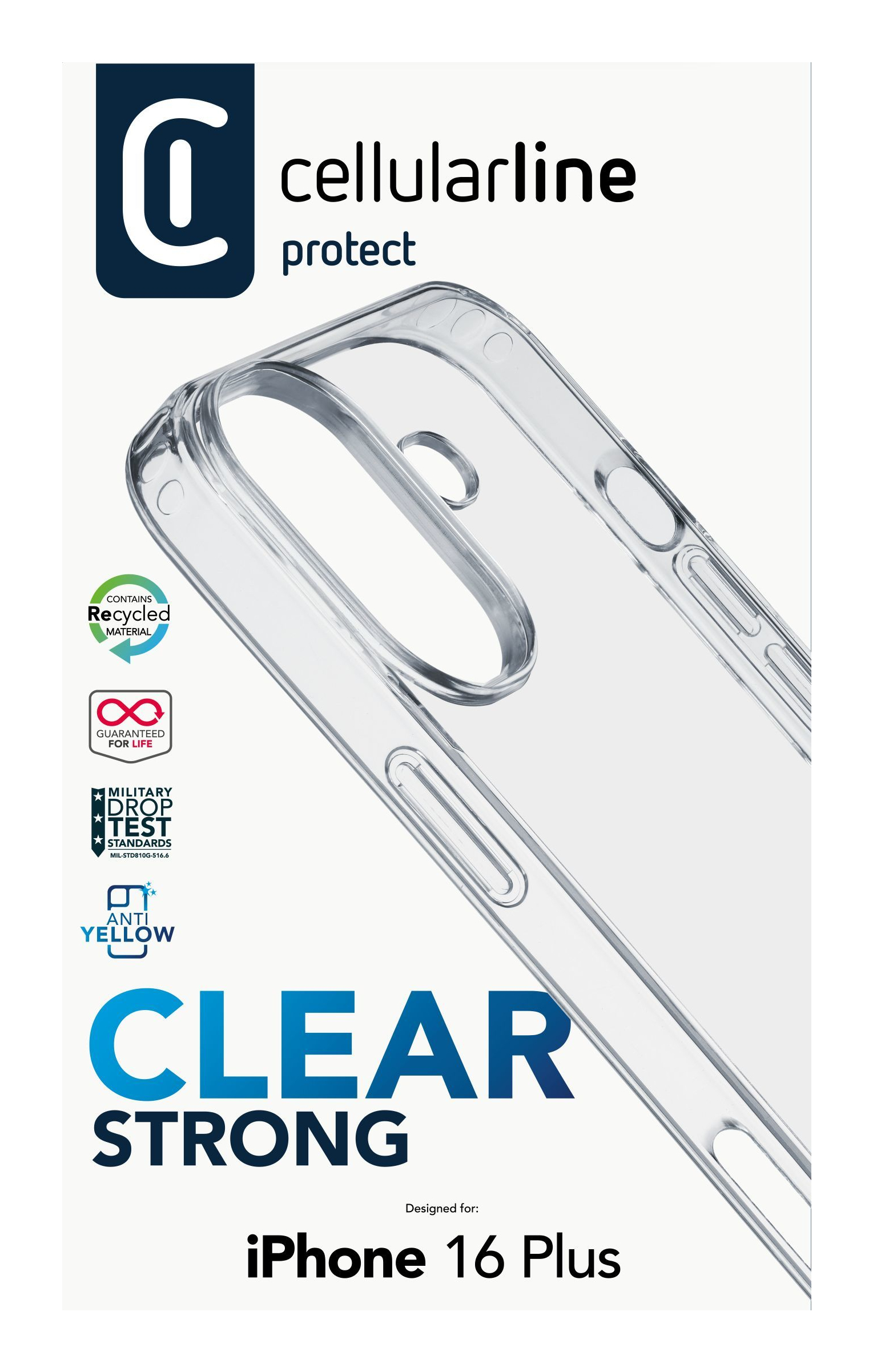 Custodia trasparente per iPhone, sfondo bianco, testo: Clear Strong, iPhone 16 Plus.