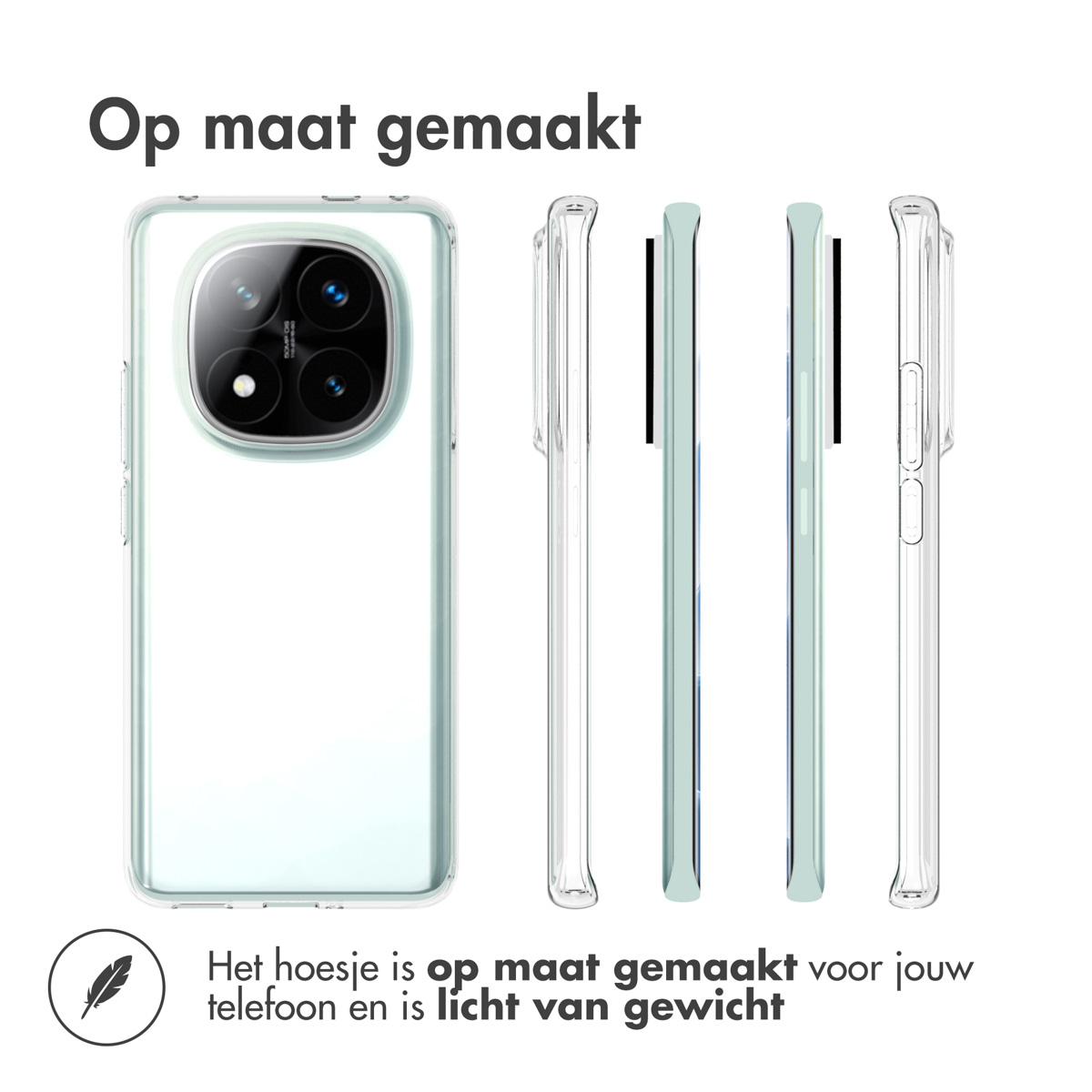 Coque de téléphone avec un design transparent. Montre des vues latérales et frontales. Texte en néerlandais.