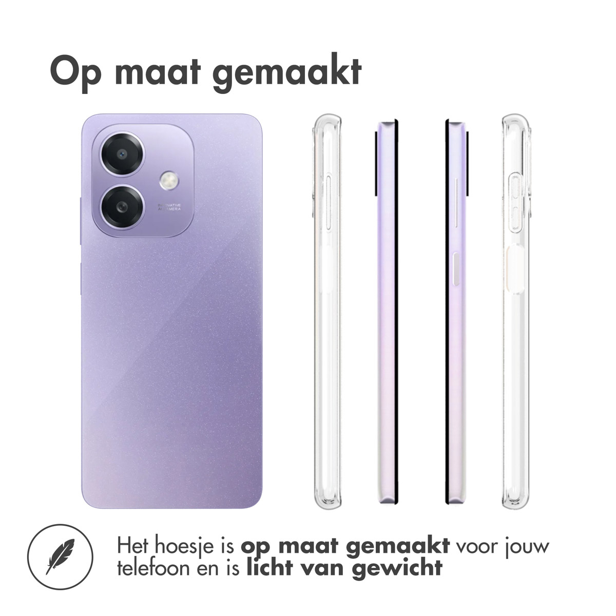 Telefoon en hoesjes met tekst op wit. Tekst: Op Maat Gemaakt, Het hoesje is op maat gemaakt.