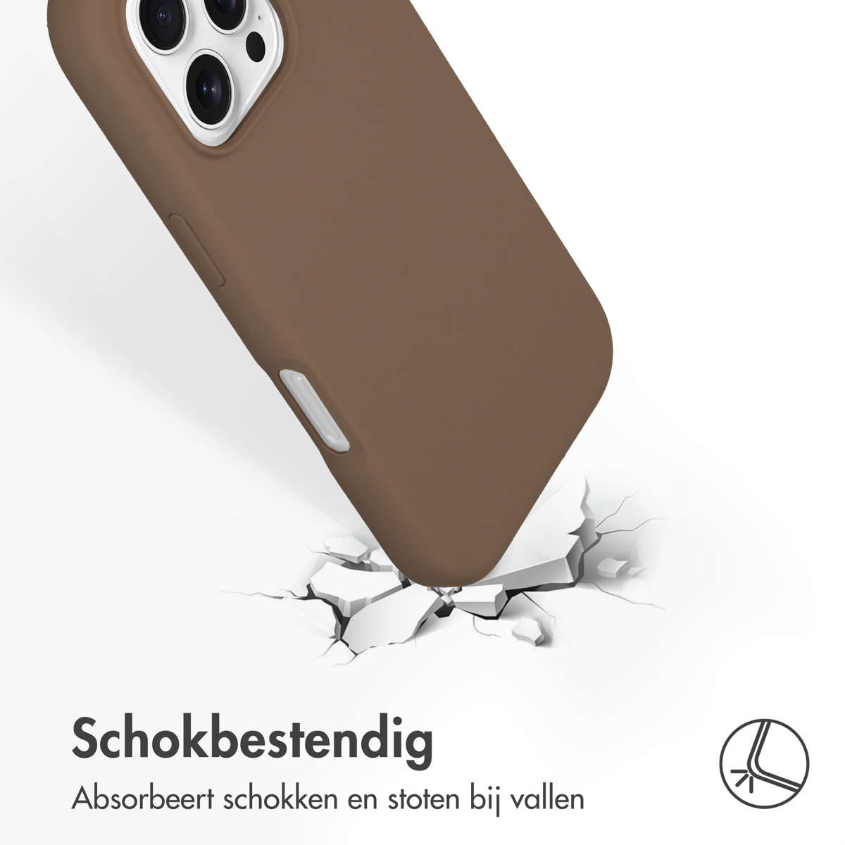 Bruine telefoonhoes bij impact. Scheuren verschijnen. Witte achtergrond. Tekst: Schokbestendig.