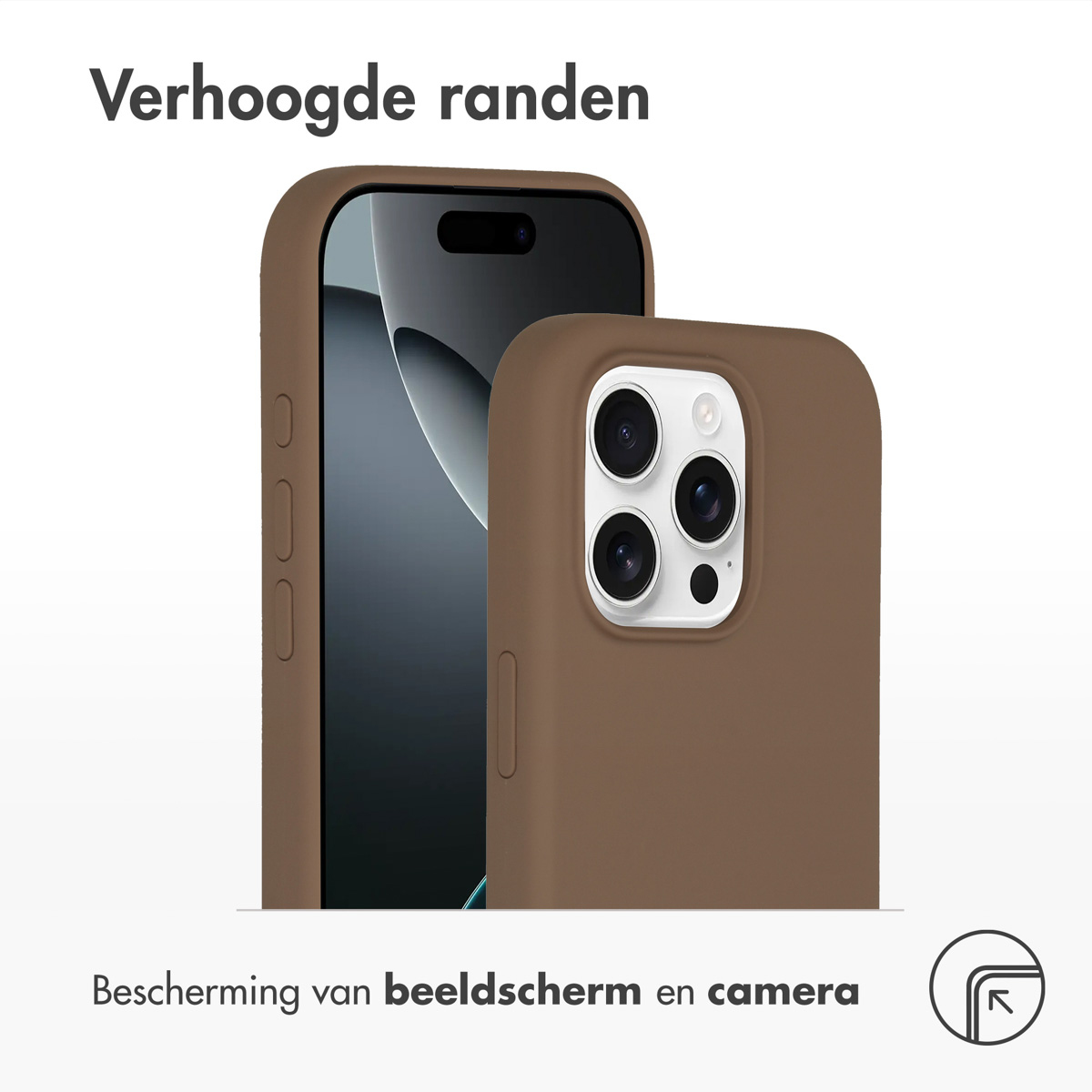 Twee telefoons in bruine hoesjes, de telefoon links, de telefoon rechts.