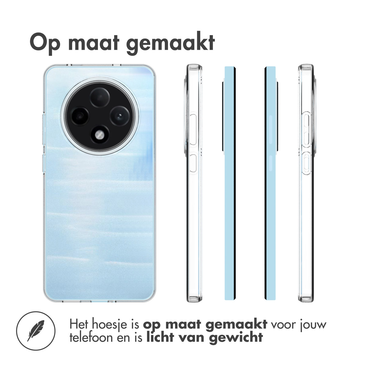 Una custodia per telefono con un design ad acquerello blu. La custodia è mostrata da più angolazioni.