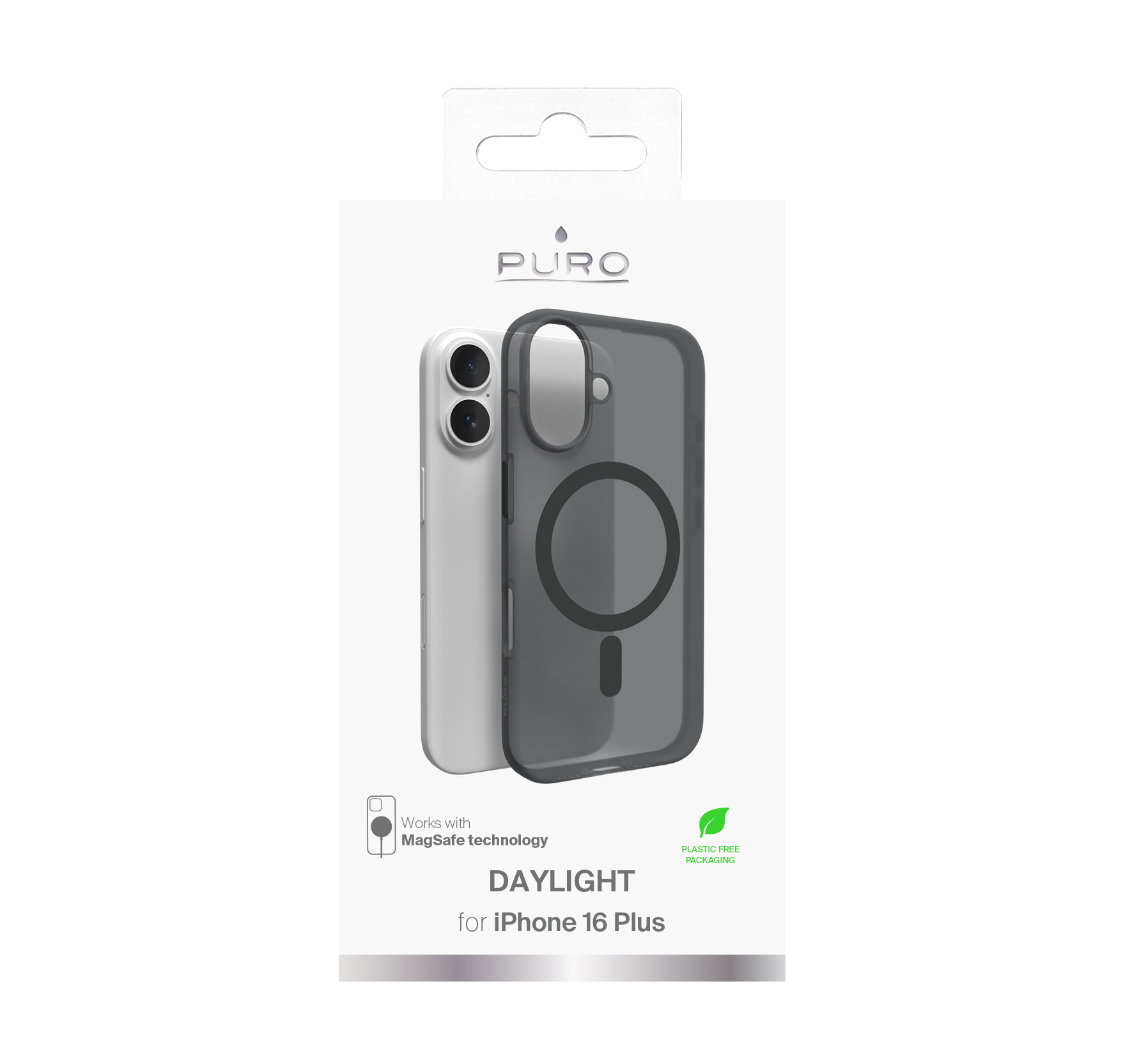 Custodia per telefono in confezione. La custodia è grigia, con un retro trasparente. Dice luce diurna per iPhone 16 Plus.