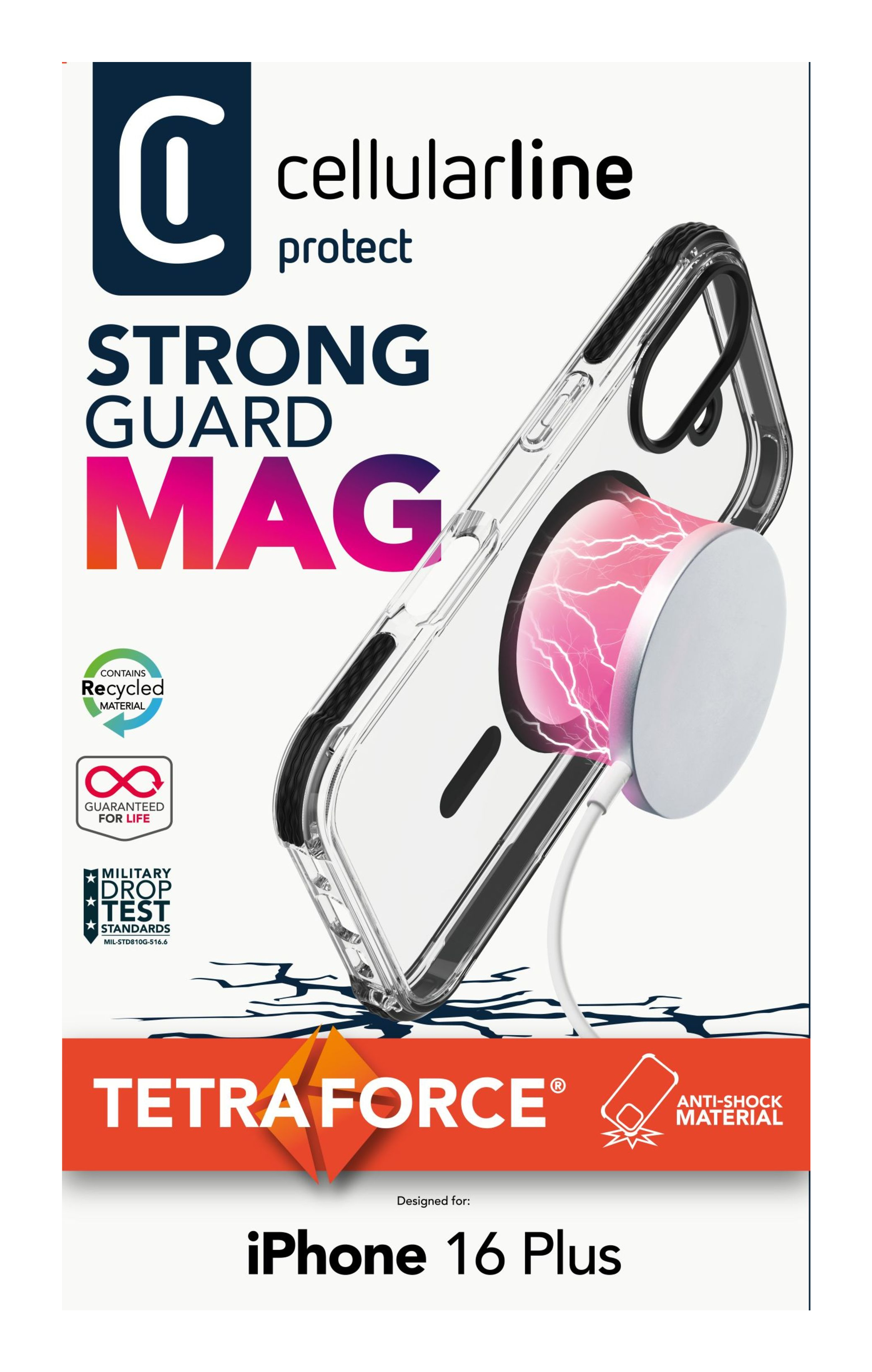 Caja de funda de teléfono. Funda transparente con cargador mag. Texto: Strong Guard Mag, Cellularline, Tetraforce, iPhone 16 Plus.
