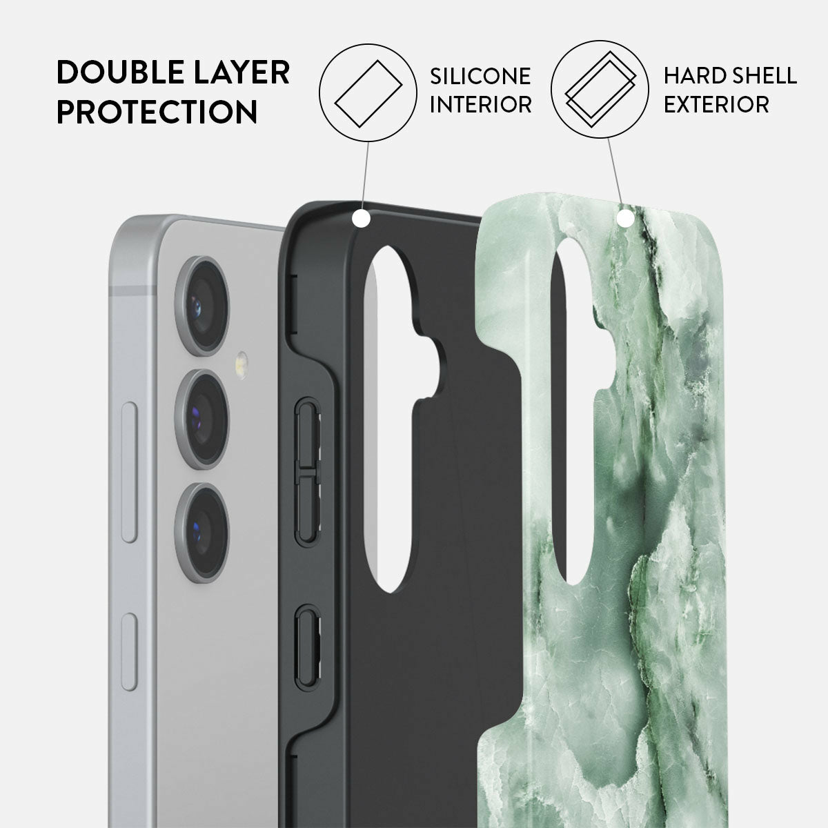 Strati della custodia del telefono: telefono, silicone nero e guscio rigido in marmo verde. Testo: Protezione a doppio strato.