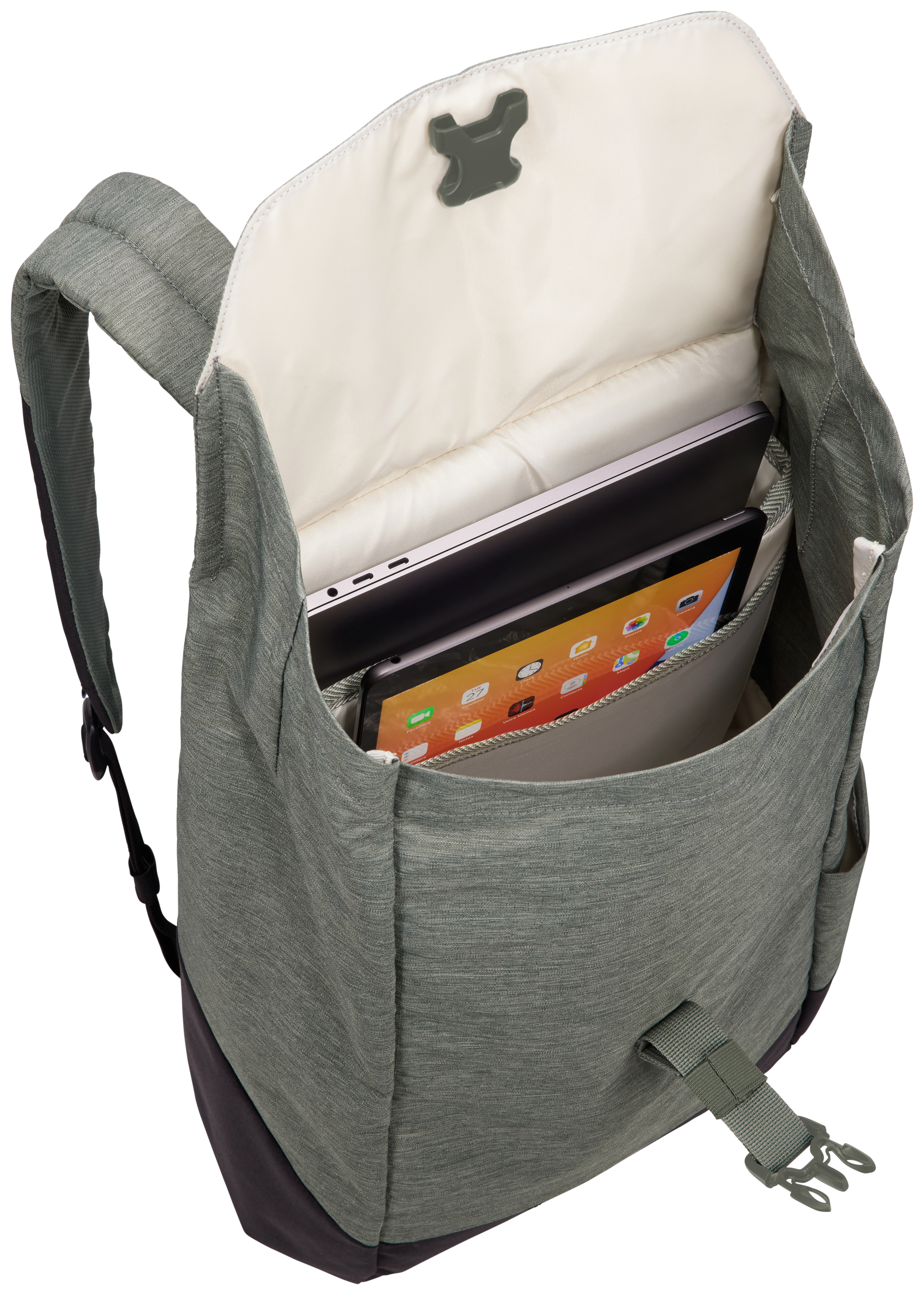 Grüner Rucksack, offen, mit Laptop und Tablet.