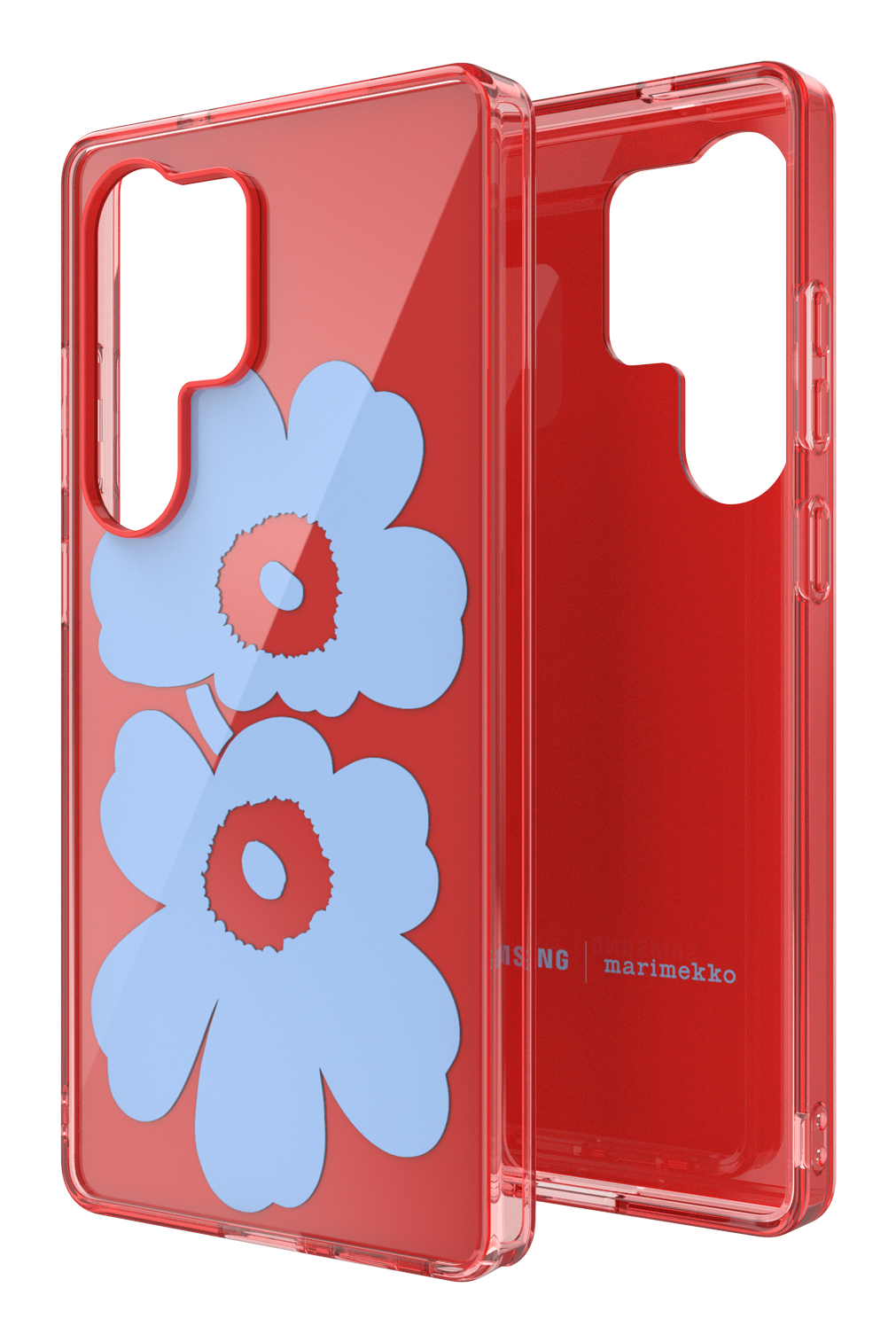 Funda roja para teléfono con dos diseños de flores azules.