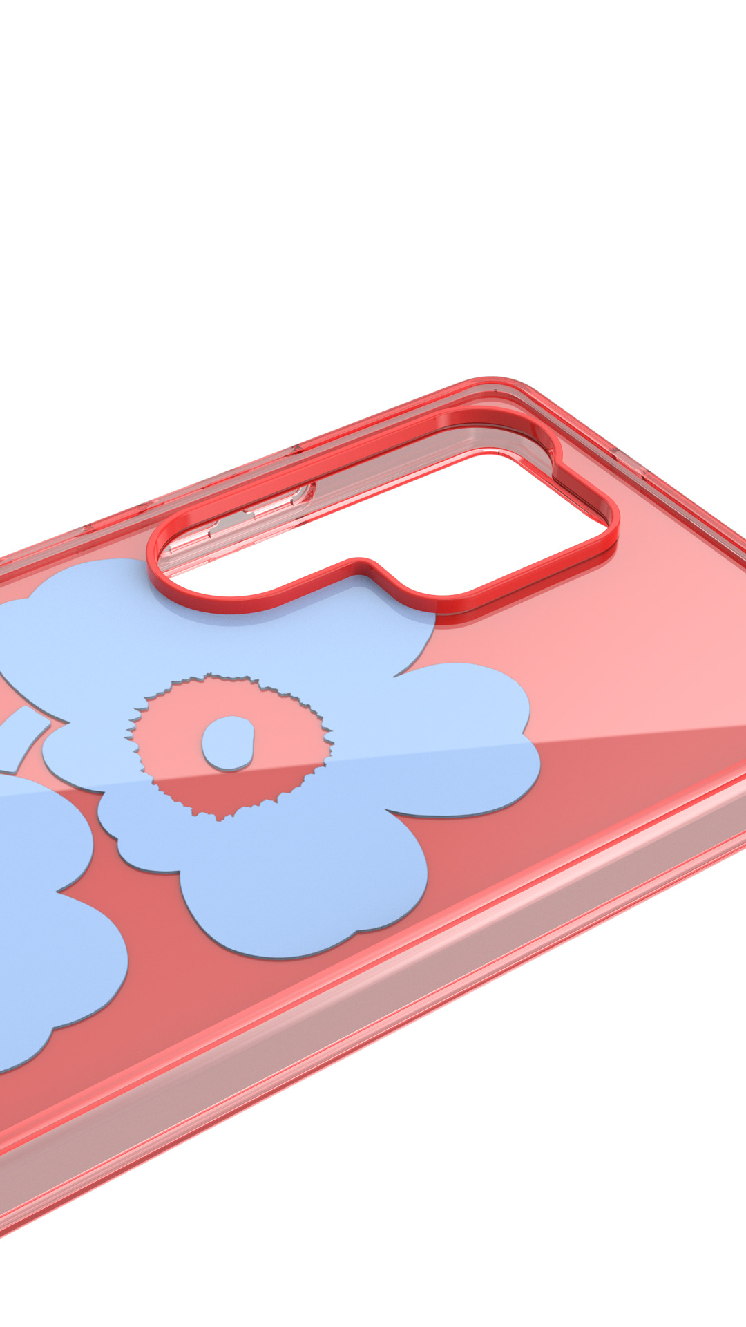 Una funda de teléfono translúcida con borde rojo, con patrones de flores azules.