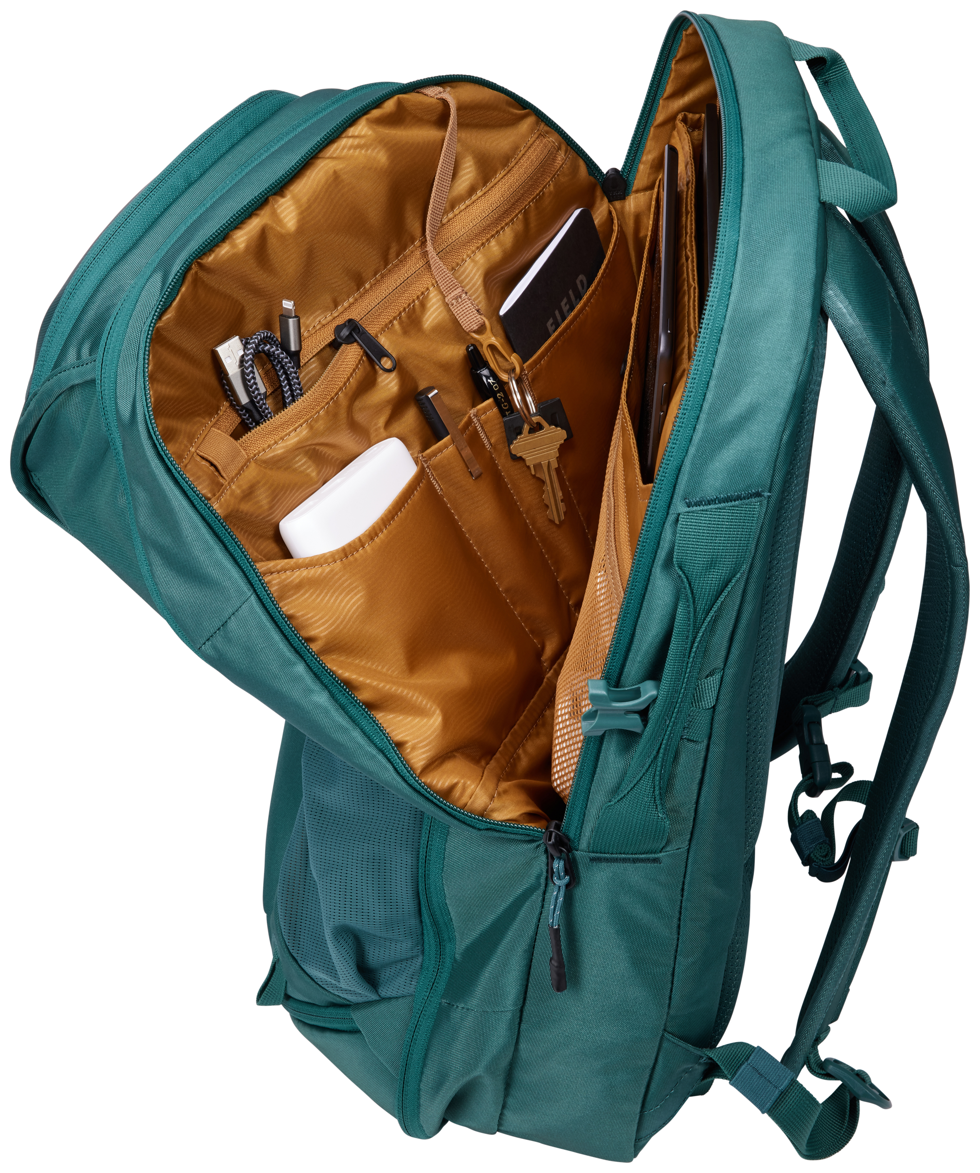 Offener tealfarbener Rucksack mit organisierten Fächern. Enthält einen Laptop, Stifte, ein Ladekabel und Schlüssel.
