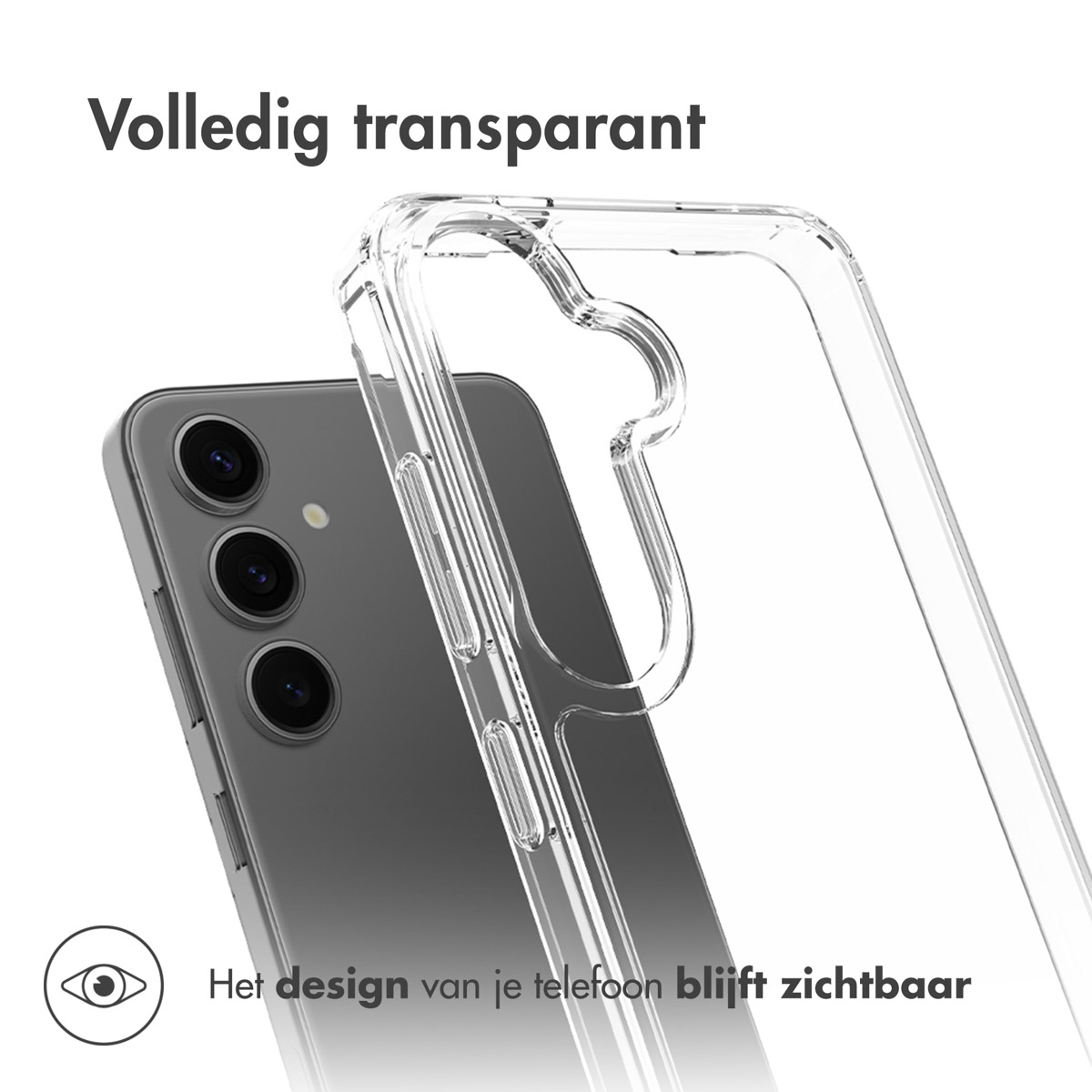 Custodia trasparente per telefono sopra un telefono. Testo in olandese che dice che il design è visibile. Sfondo bianco.