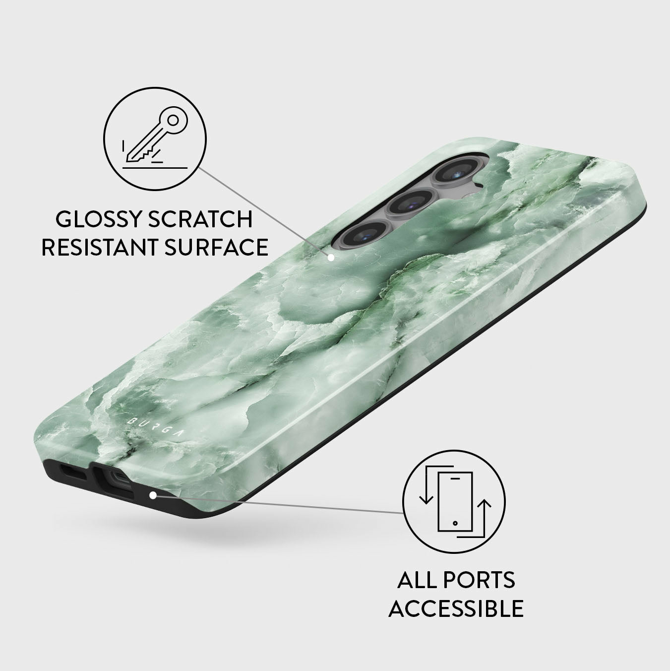 Custodia per telefono verde marmorata con icona chiave, tutte le porte accessibili. Superficie lucida e antigraffio.