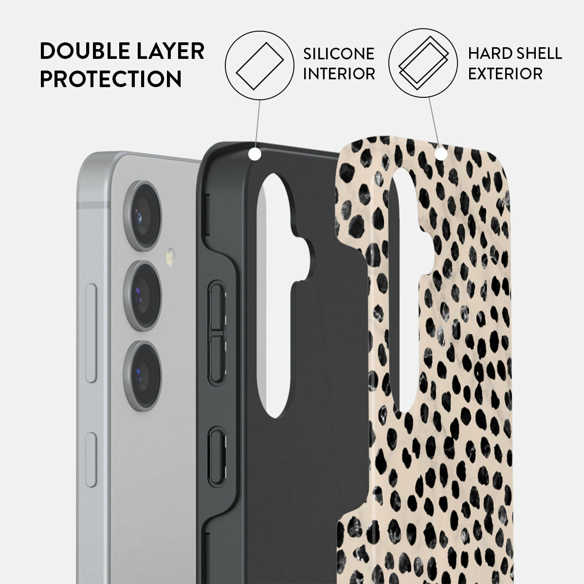 Étui de téléphone : extérieur à pois noirs, intérieur en silicone, téléphone à gauche.