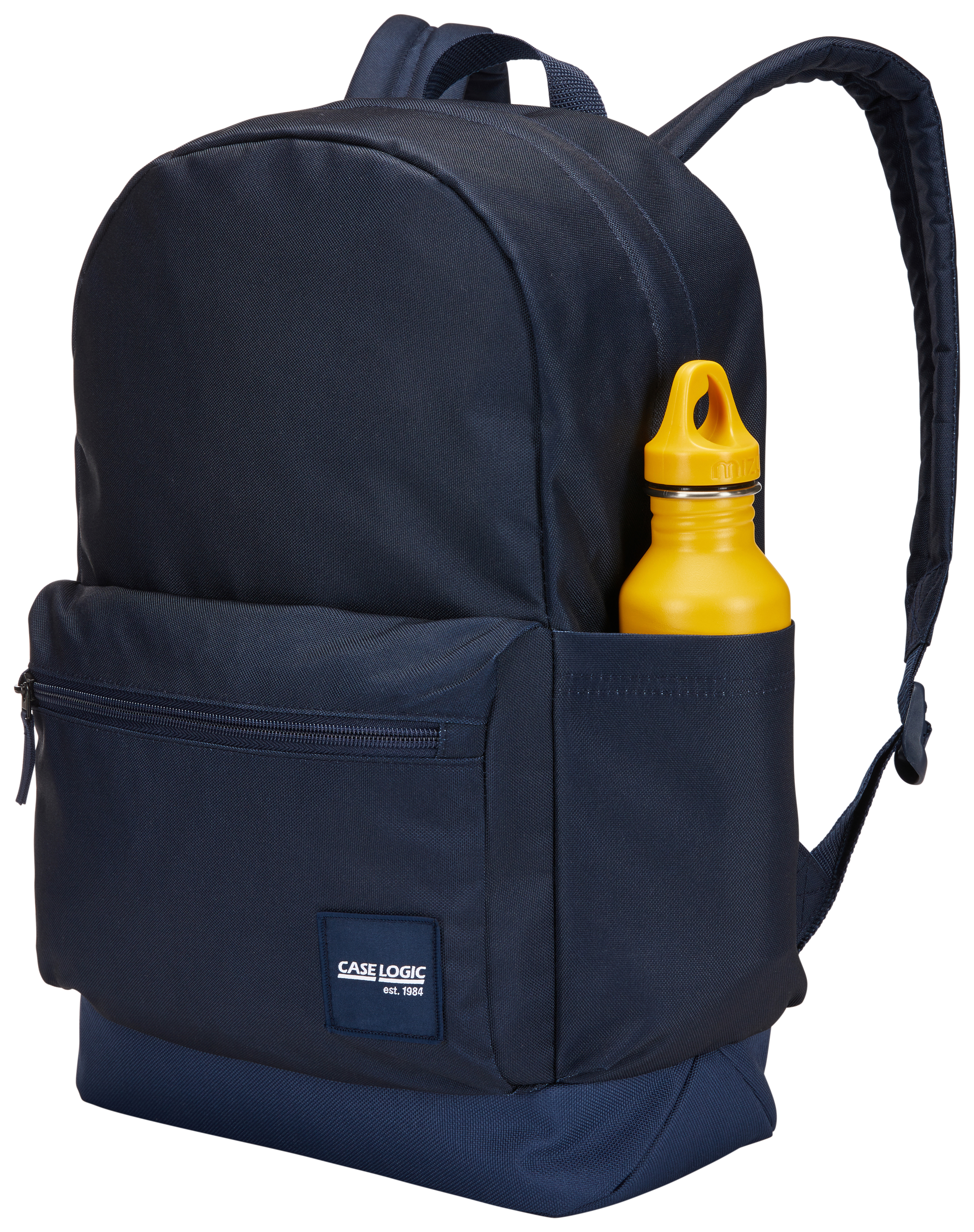 Ein marineblauer Rucksack mit einer gelben Wasserflasche in der Seitentasche.