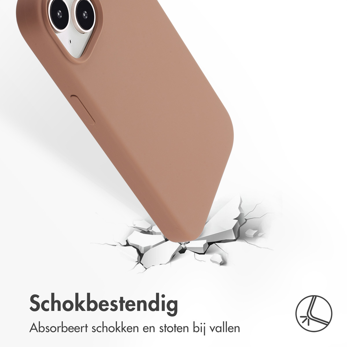 Bruine telefoonhoes valt op een oppervlak, barst. Schokbestendig ontwerp.