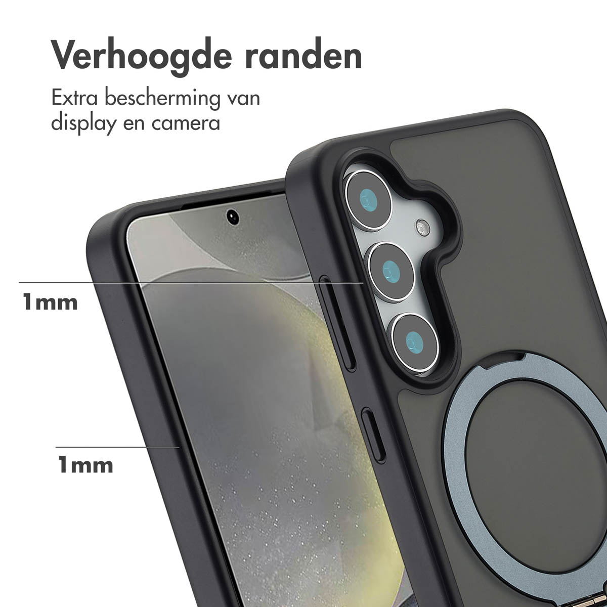 Telefoonhoes met verhoogde randen. Diagram toont 1 mm ruimte voor scherm- en camerabescherming.