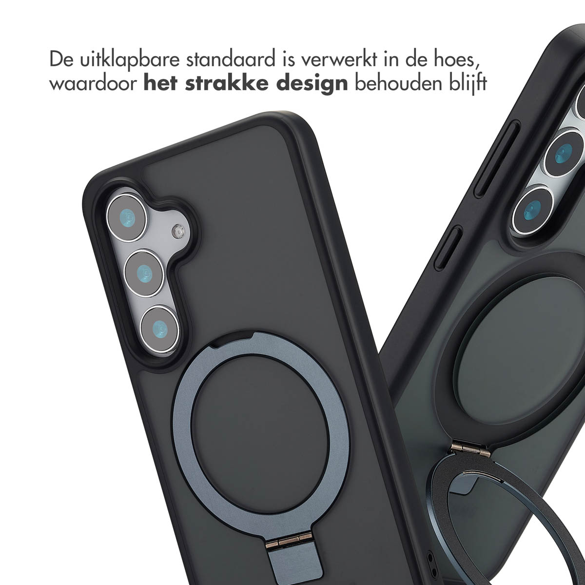 Zwarte telefoonhoesjes met zilveren ringstandaards. Eén open, één dicht.