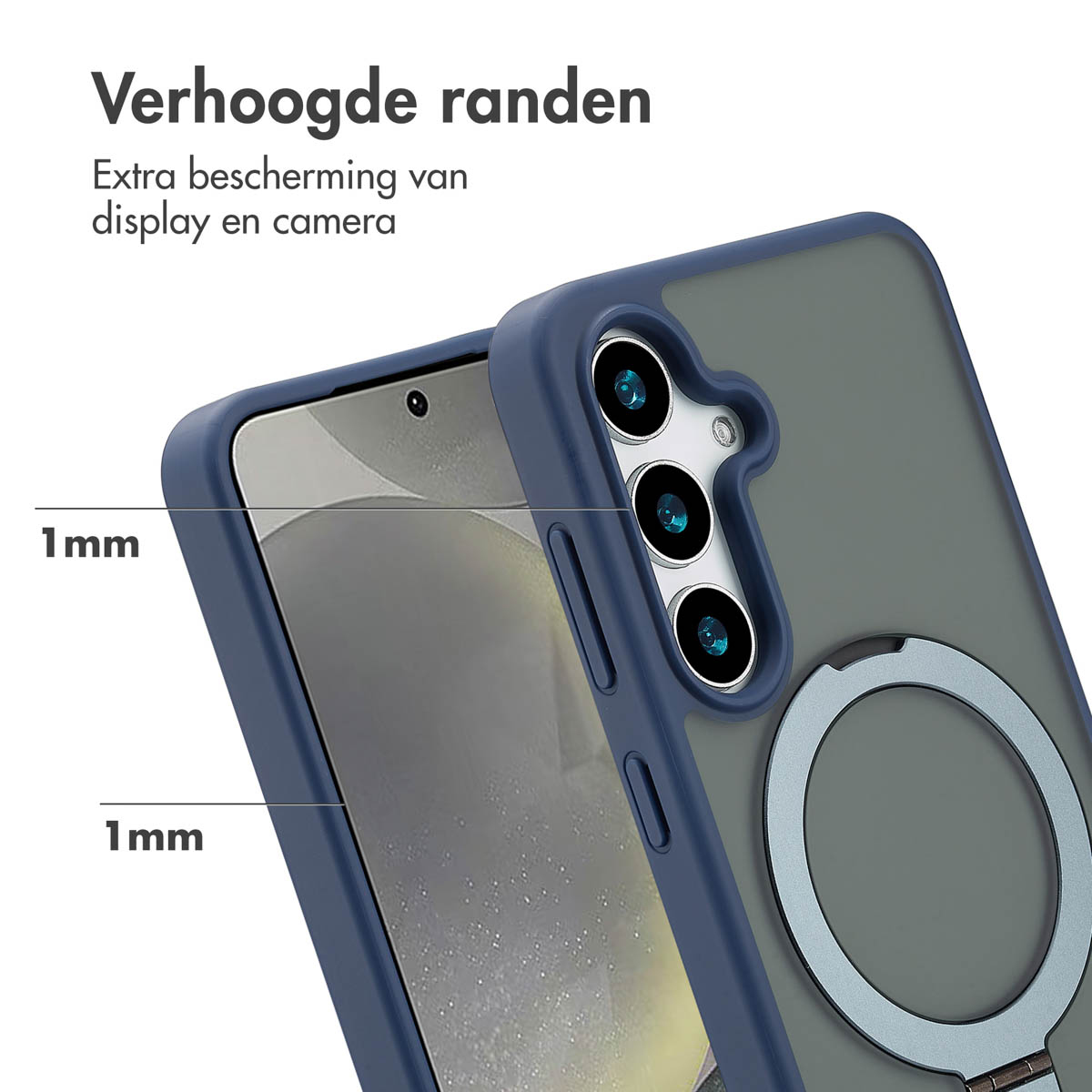 Telefoonhoes met een telefoon. Blauwe randen, grijze achterkant en een ringhouder. Witte achtergrond.