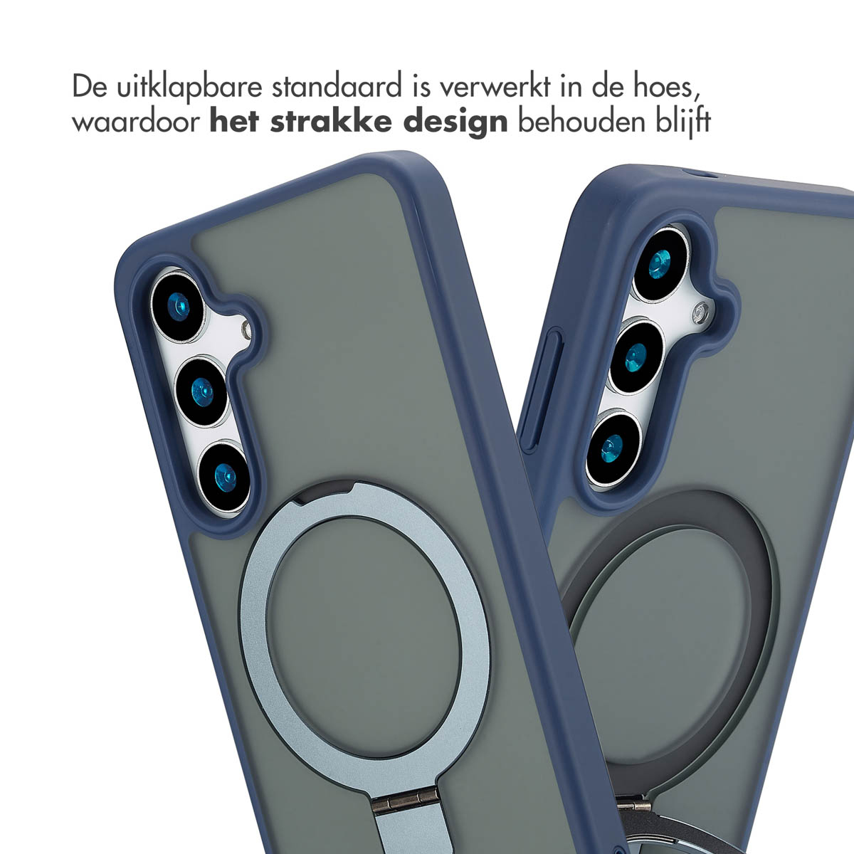 Grijze en blauwe telefoonhoesjes met ringhouders, close-up, tekst in het Nederlands bovenaan.