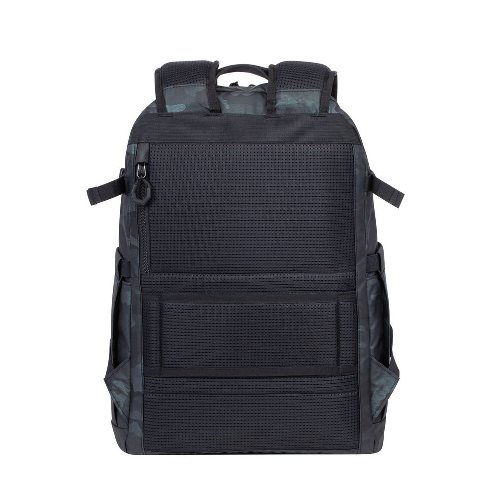 Zaino nero con design mimetico sui lati. Parte anteriore perforata.