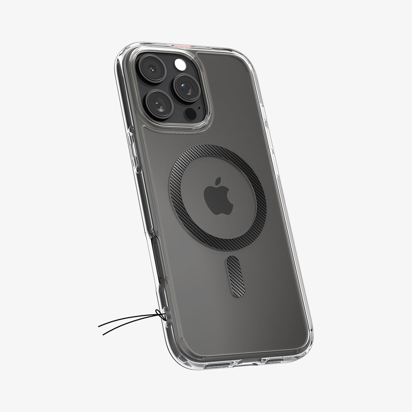 Transparante telefoonhoes met Apple-logo, schuin.