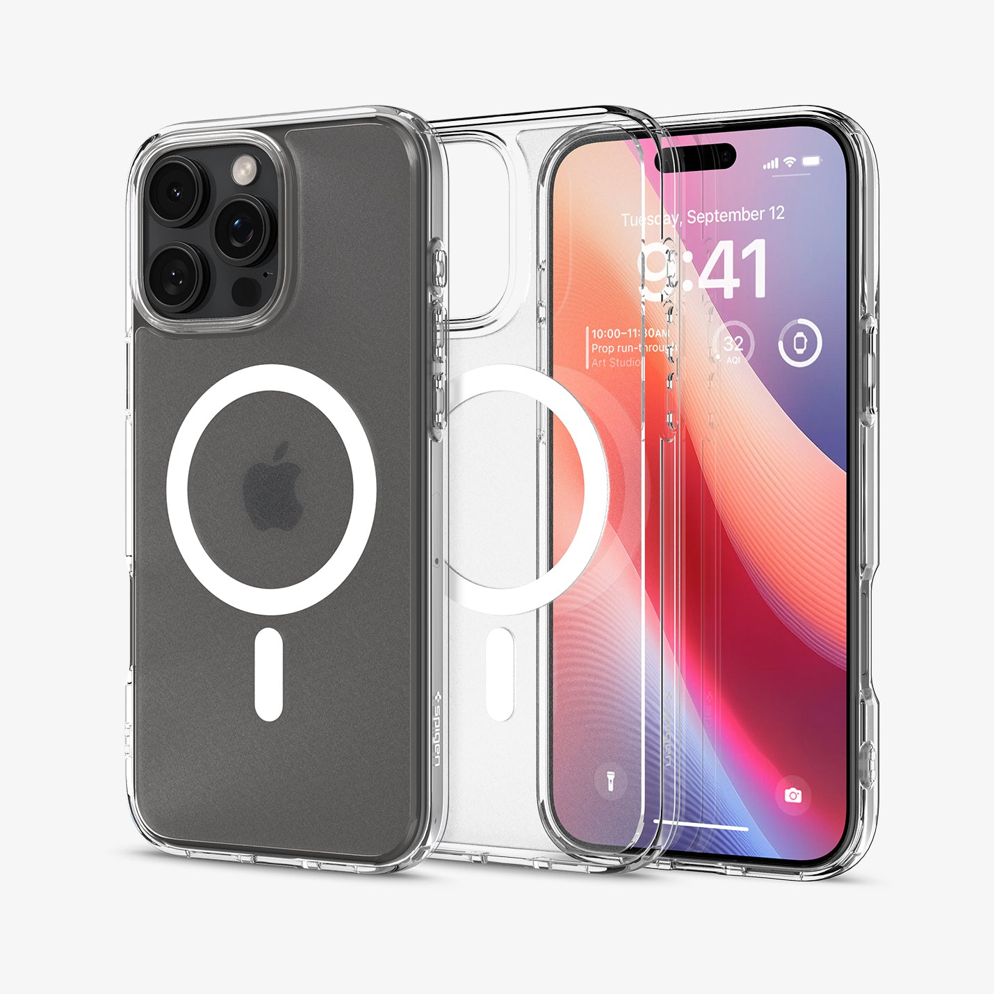 Transparente Handyhülle mit einem iPhone 14 Pro, mit Kamera und Bildschirm sichtbar.
