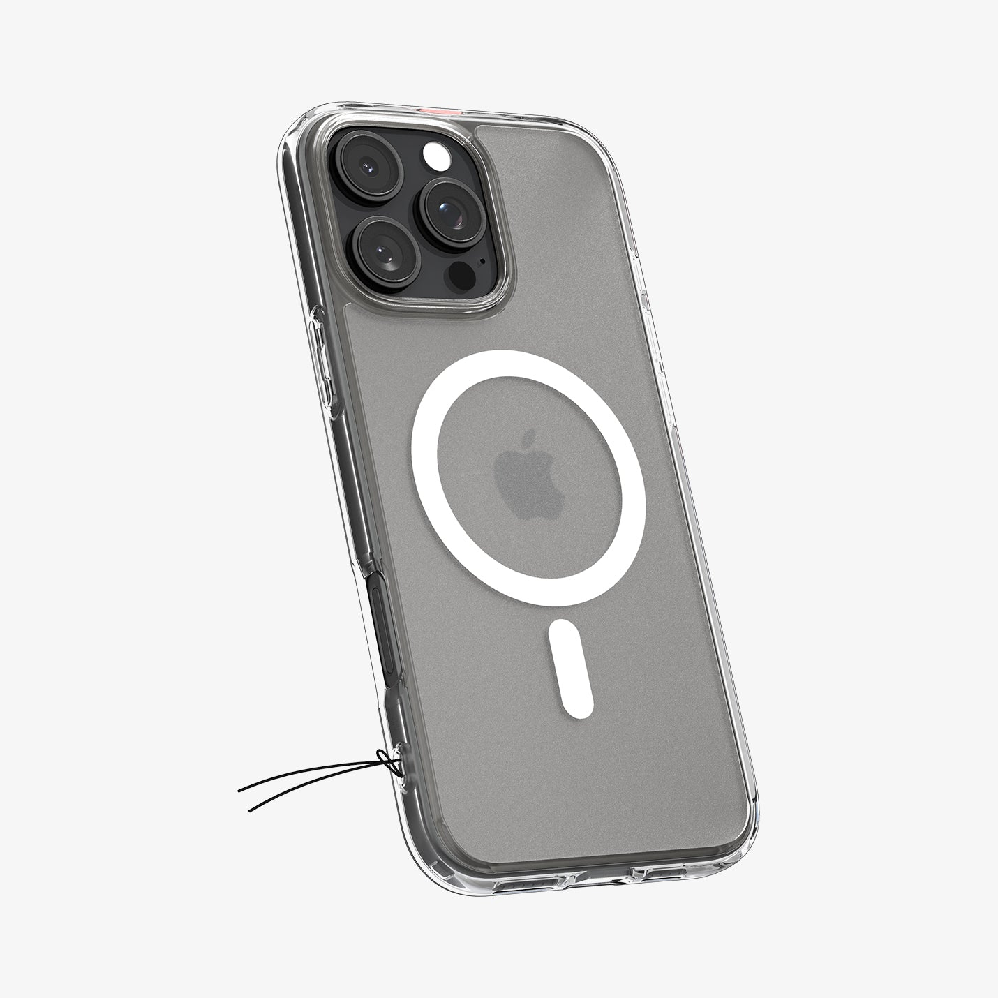Transparante telefoonhoes met een witte cirkel en Apple-logo. Zwart koord bevestigd. Schuine weergave.