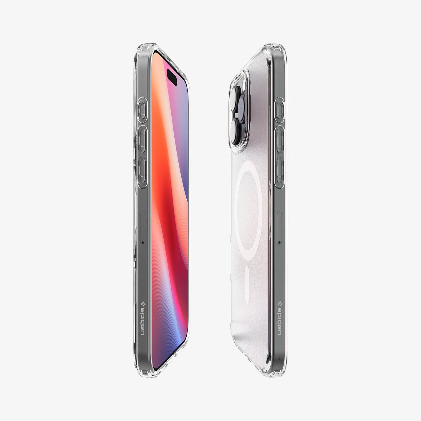 Twee doorzichtige telefoonhoesjes. Eén toont de voorkant, de andere de achterkant. Wit.