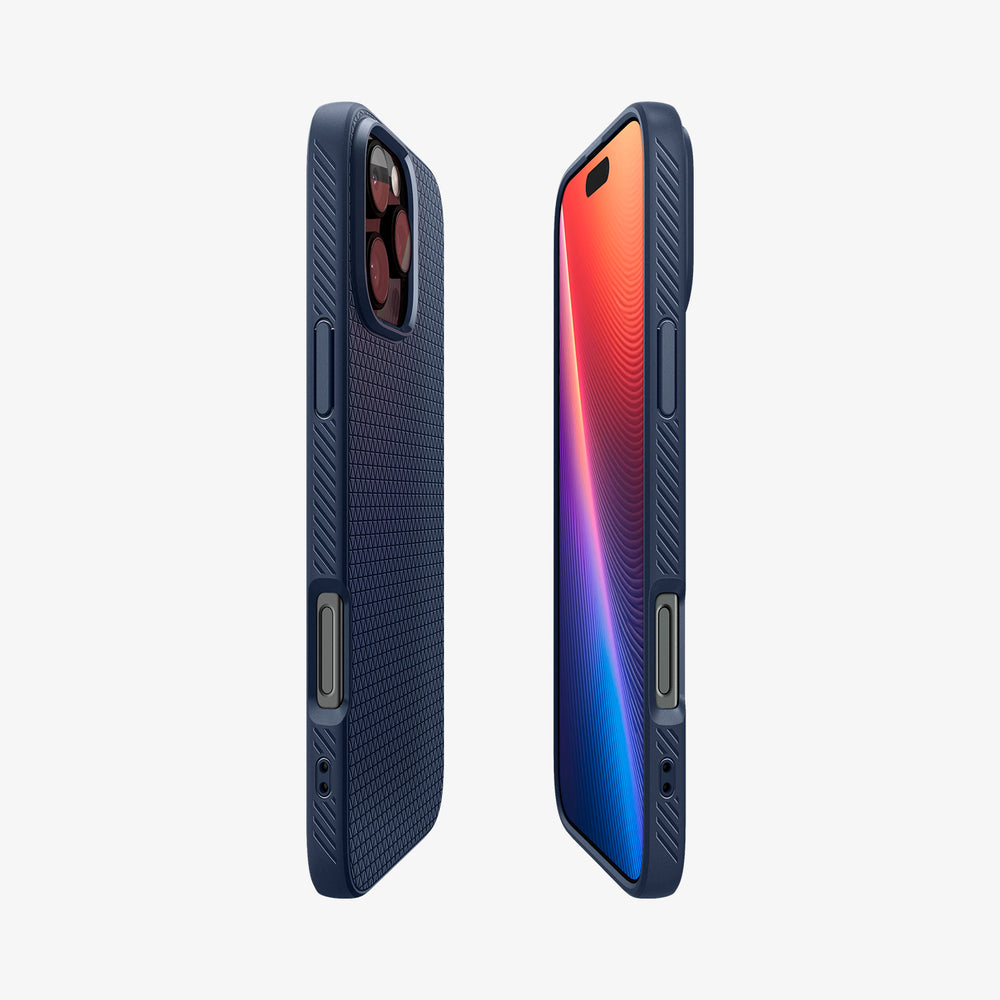 Due custodie blu navy. Una a sinistra, vista laterale; l'altra a destra, vista schermo.