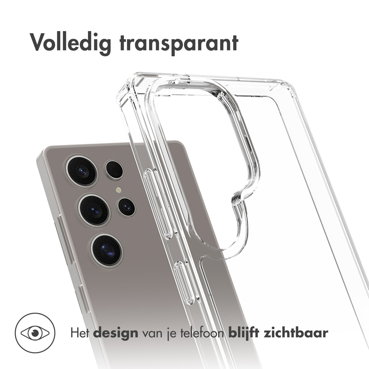 Telefono in una custodia trasparente. Il design del telefono è visibile. Testo in olandese.