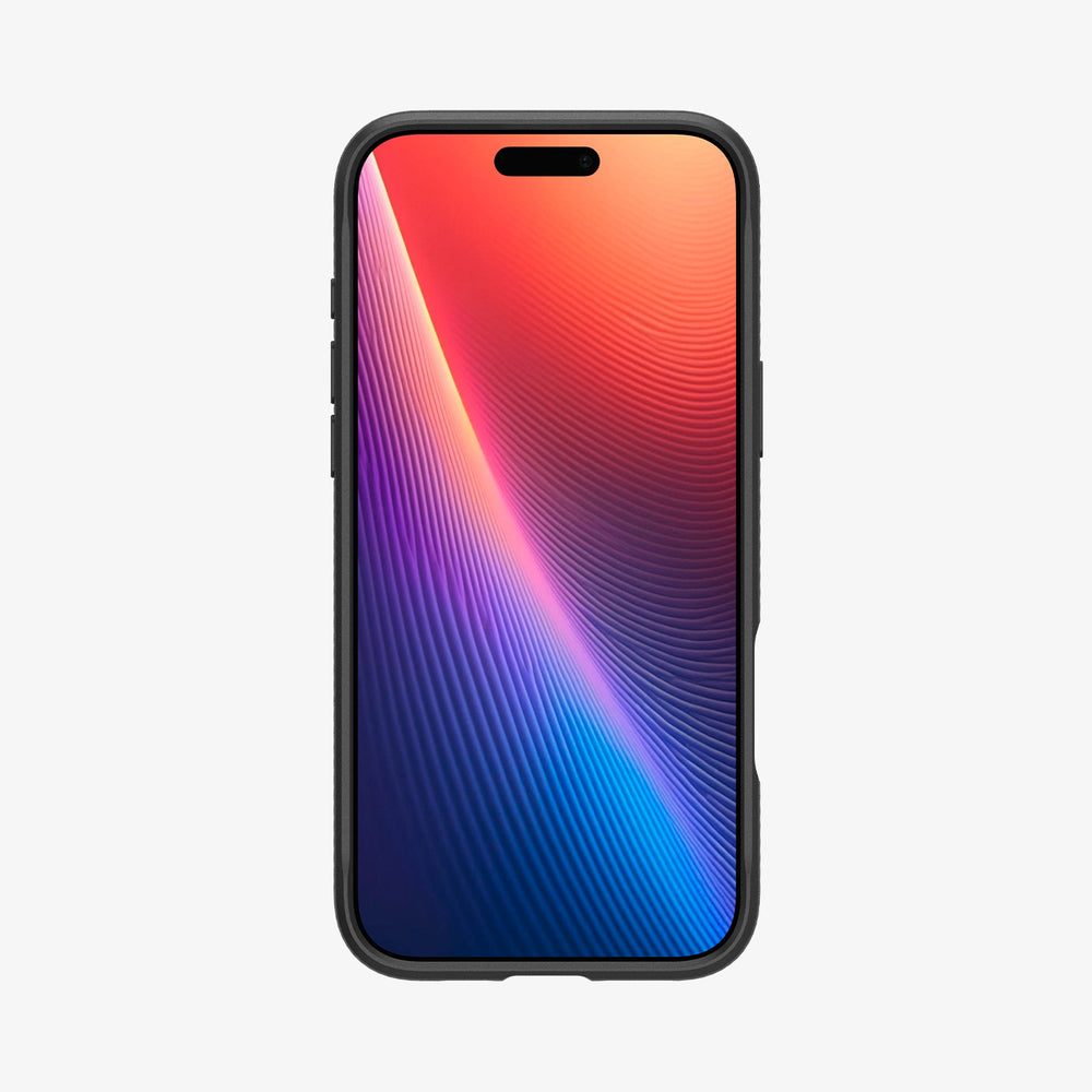 Smartphone met een kleurrijk scherm, met een verloop van rode, paarse en blauwe tinten.