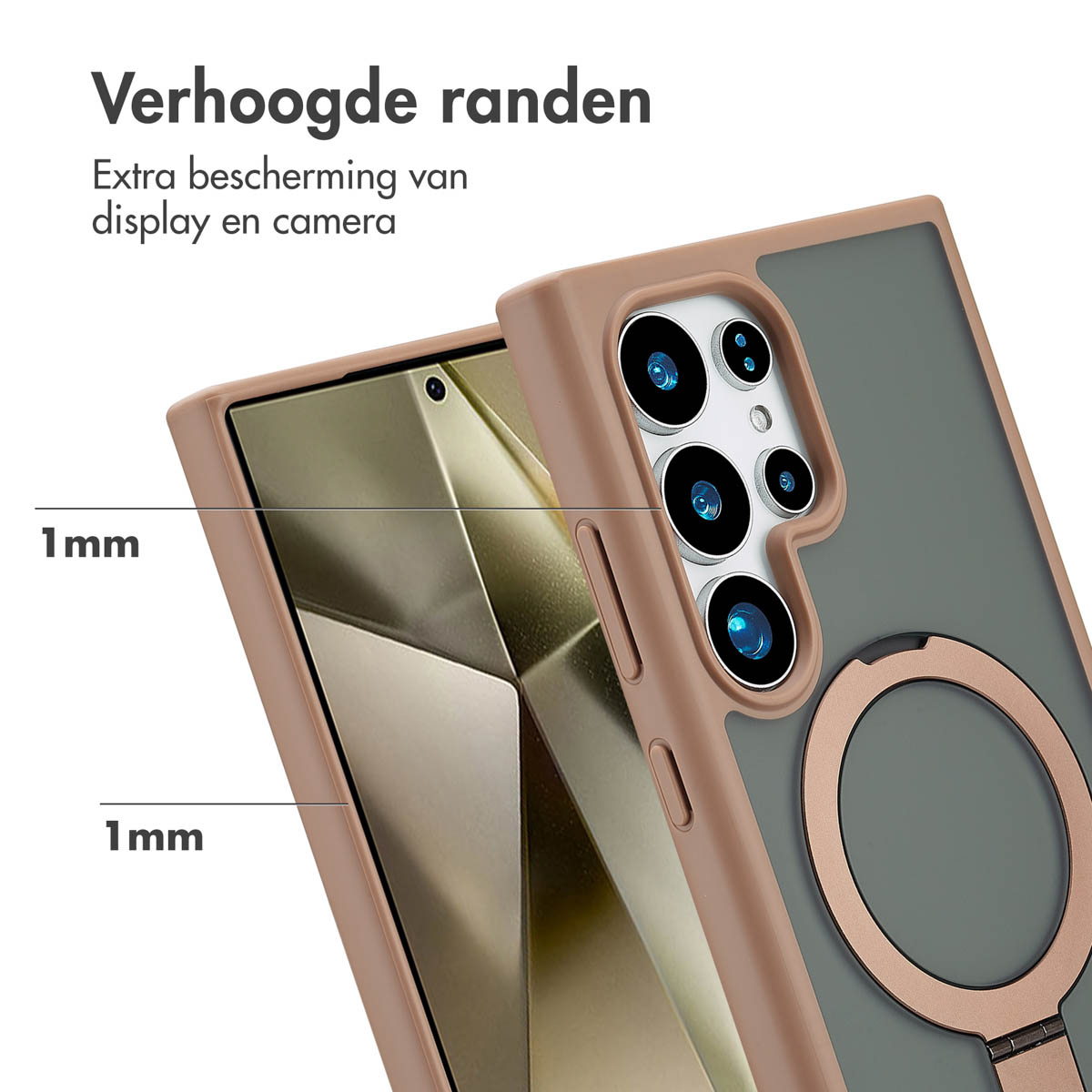 Handyhülle mit Telefon. Braune Ränder, graue Rückseite und Ringhalter. Weißer Hintergrund.