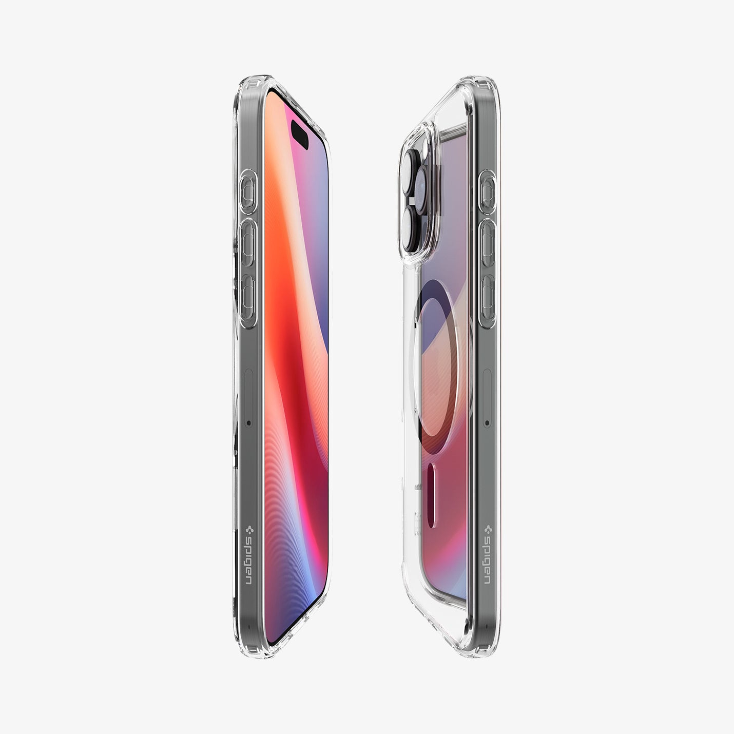 Twee transparante telefoonhoesjes, tonen telefoonschermen en zijaanzichten op witte achtergrond.