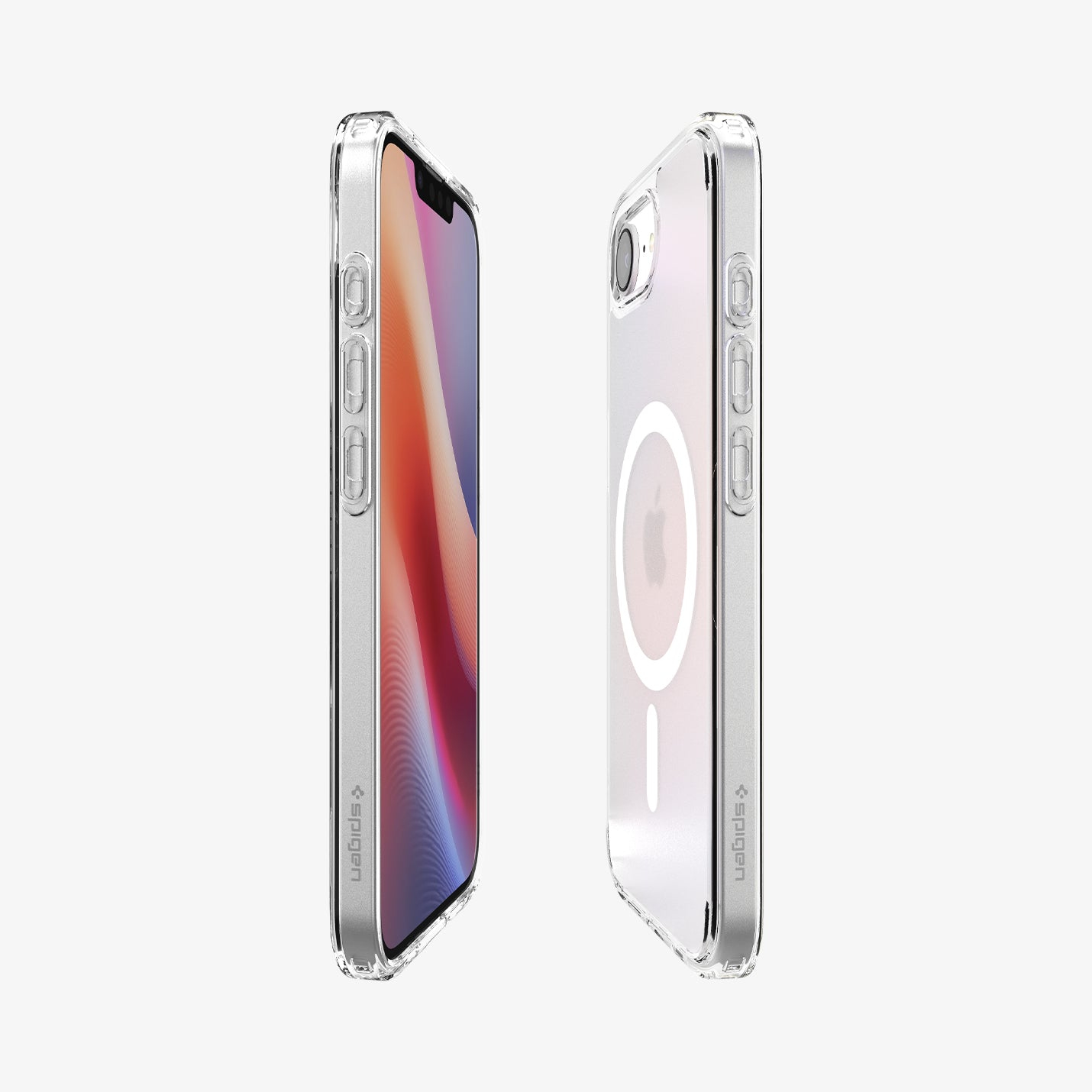 Deux coques de téléphone transparentes, présentant le design du téléphone, vue latérale. L'une a un anneau de charge.