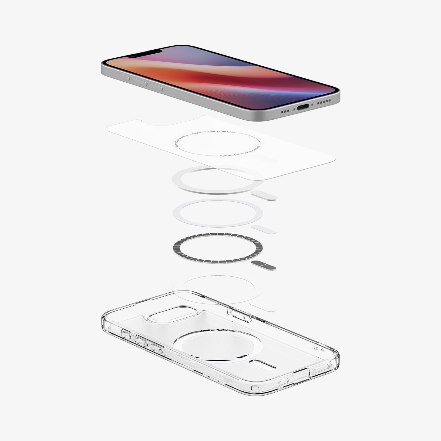 Vue éclatée d'un iPhone, accessoires MagSafe et coque de protection transparente.