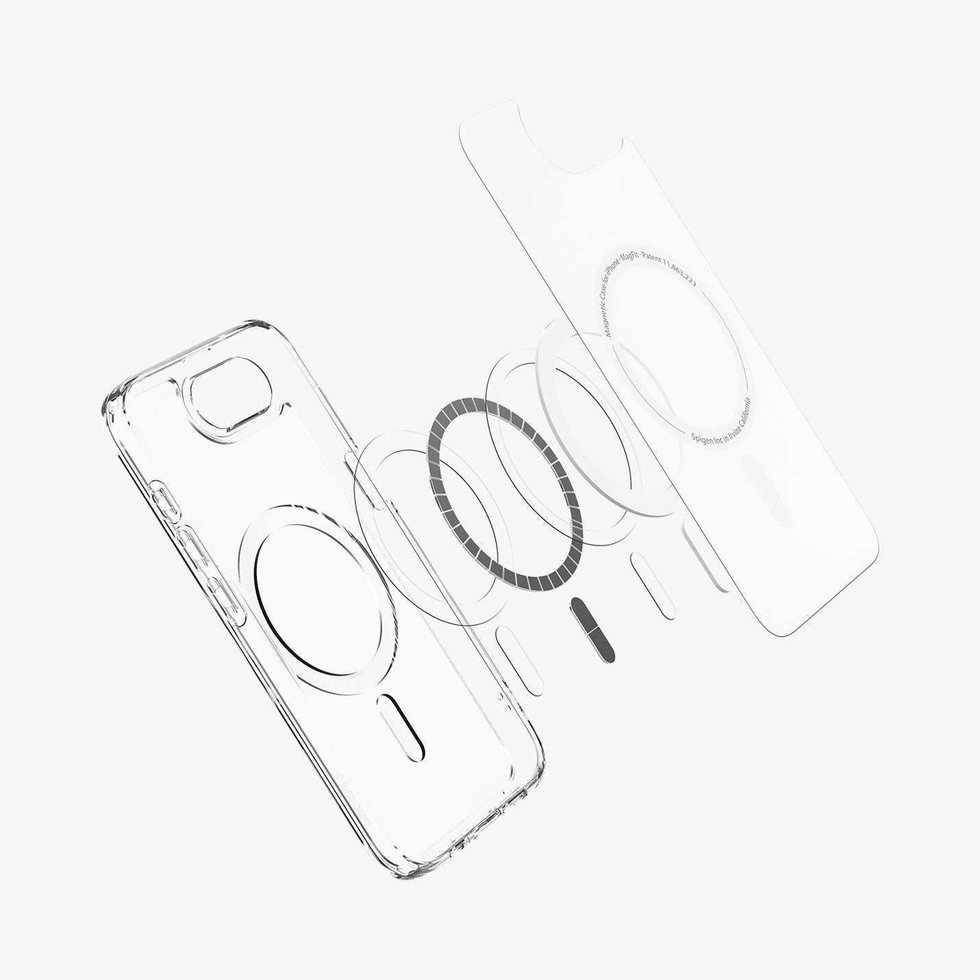 Coque de téléphone transparente avec composants magnétiques.