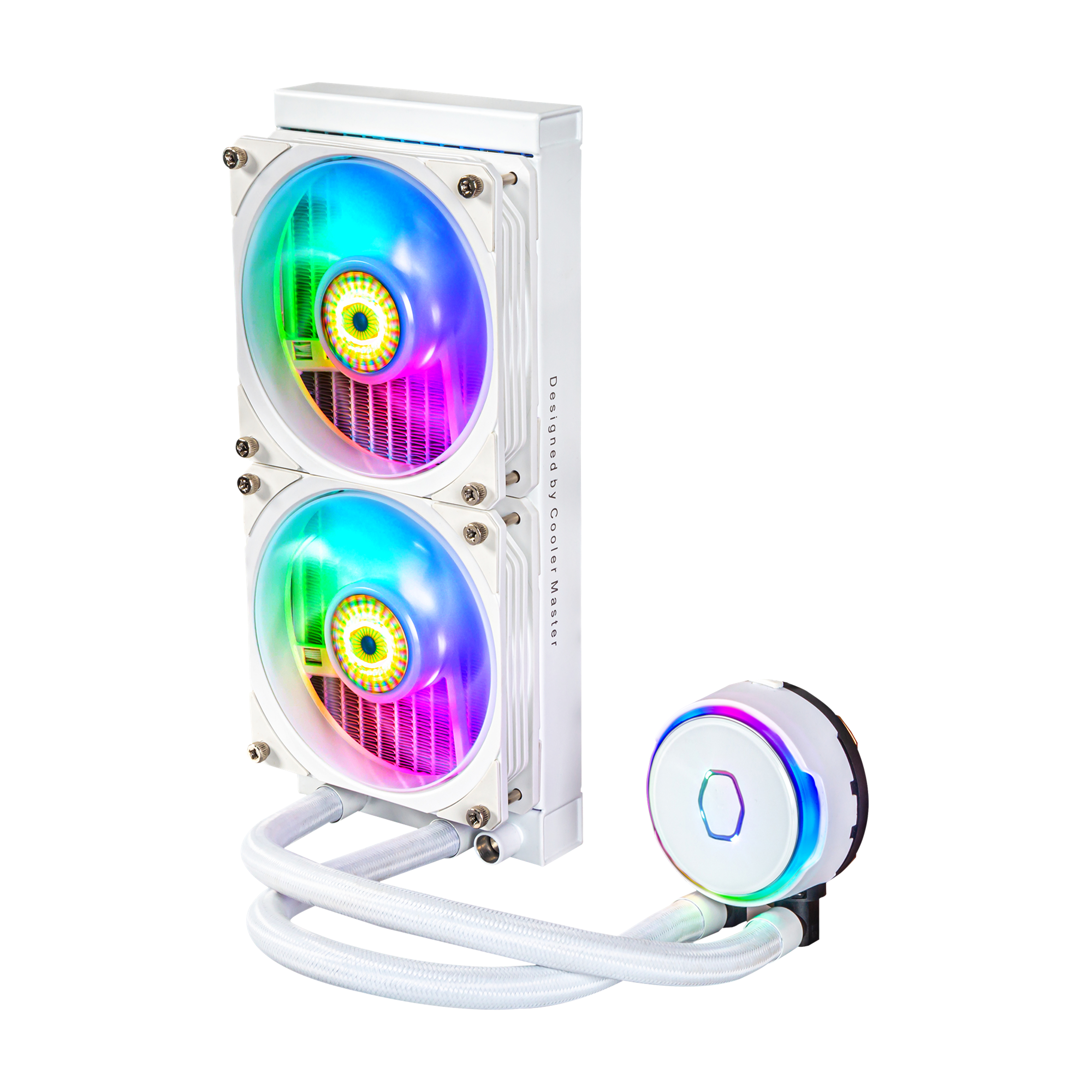 Enfriador líquido blanco con dos ventiladores RGB y una pequeña unidad de bomba.