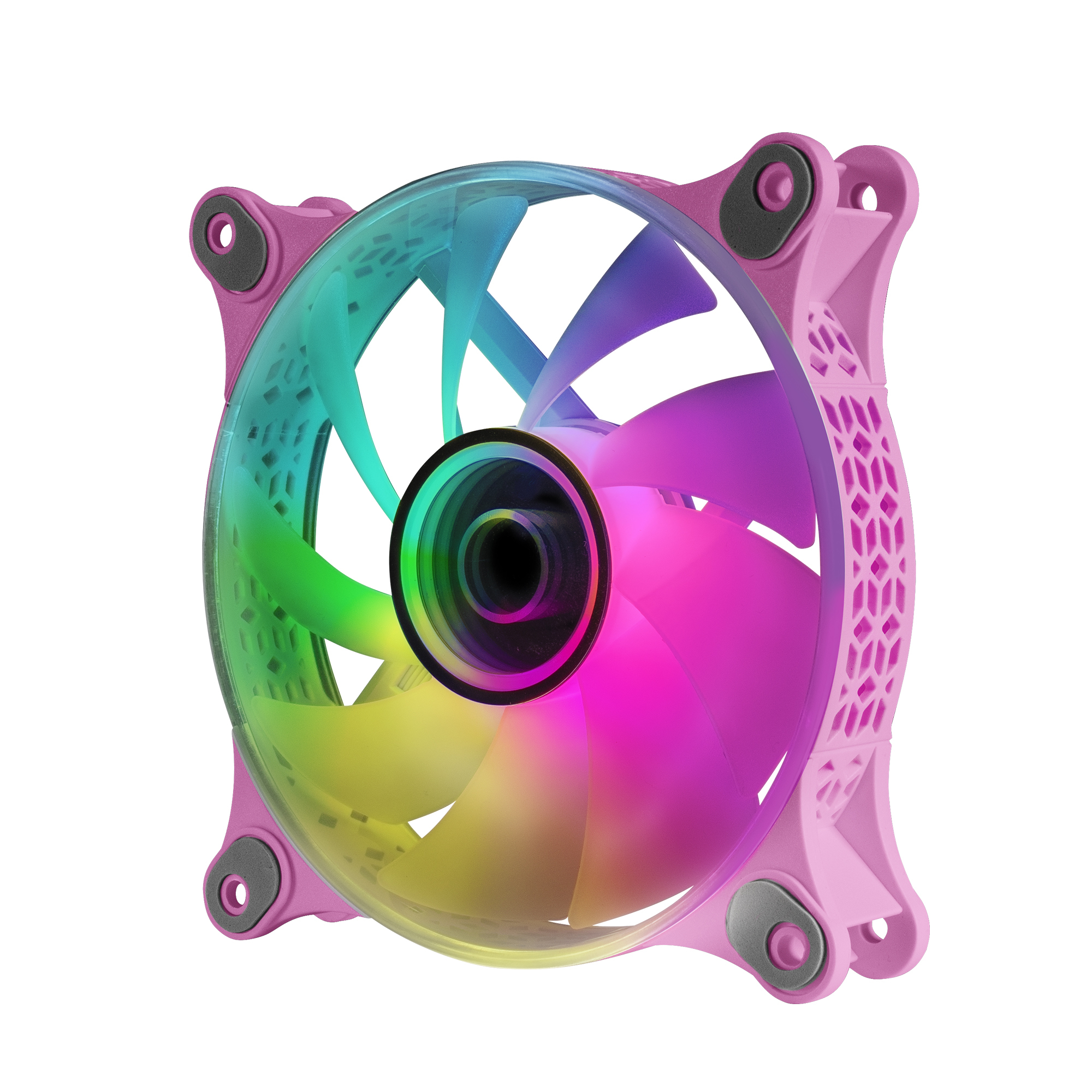 Wentylator komputerowy RGB z różową ramą i łopatkami. Wentylator jest podświetlony kolorowymi światłami.