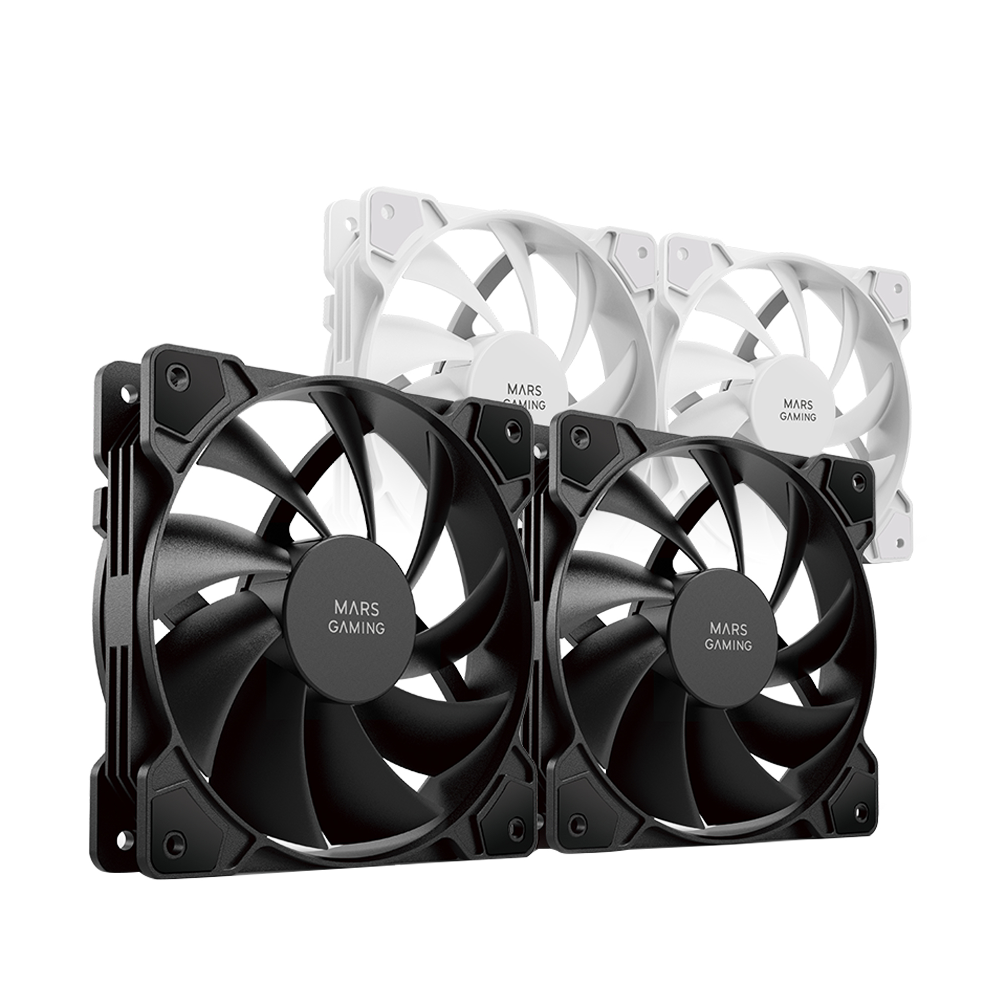 Dos juegos de ventiladores de computadora negros y blancos. Cada uno tiene múltiples aspas y logo.