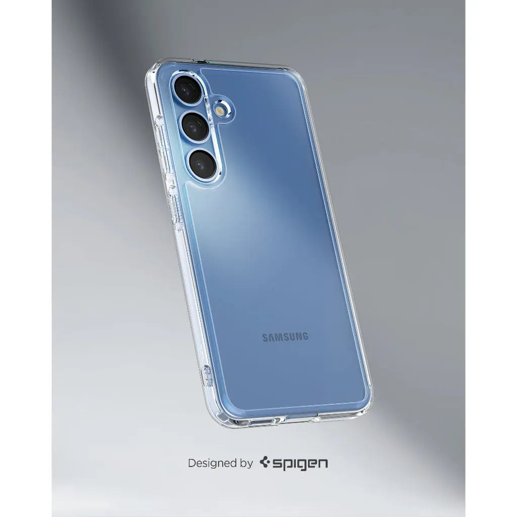 Przezroczyste etui na telefon z niebieskim telefonem w środku. Etui ma logo Samsung na dole.