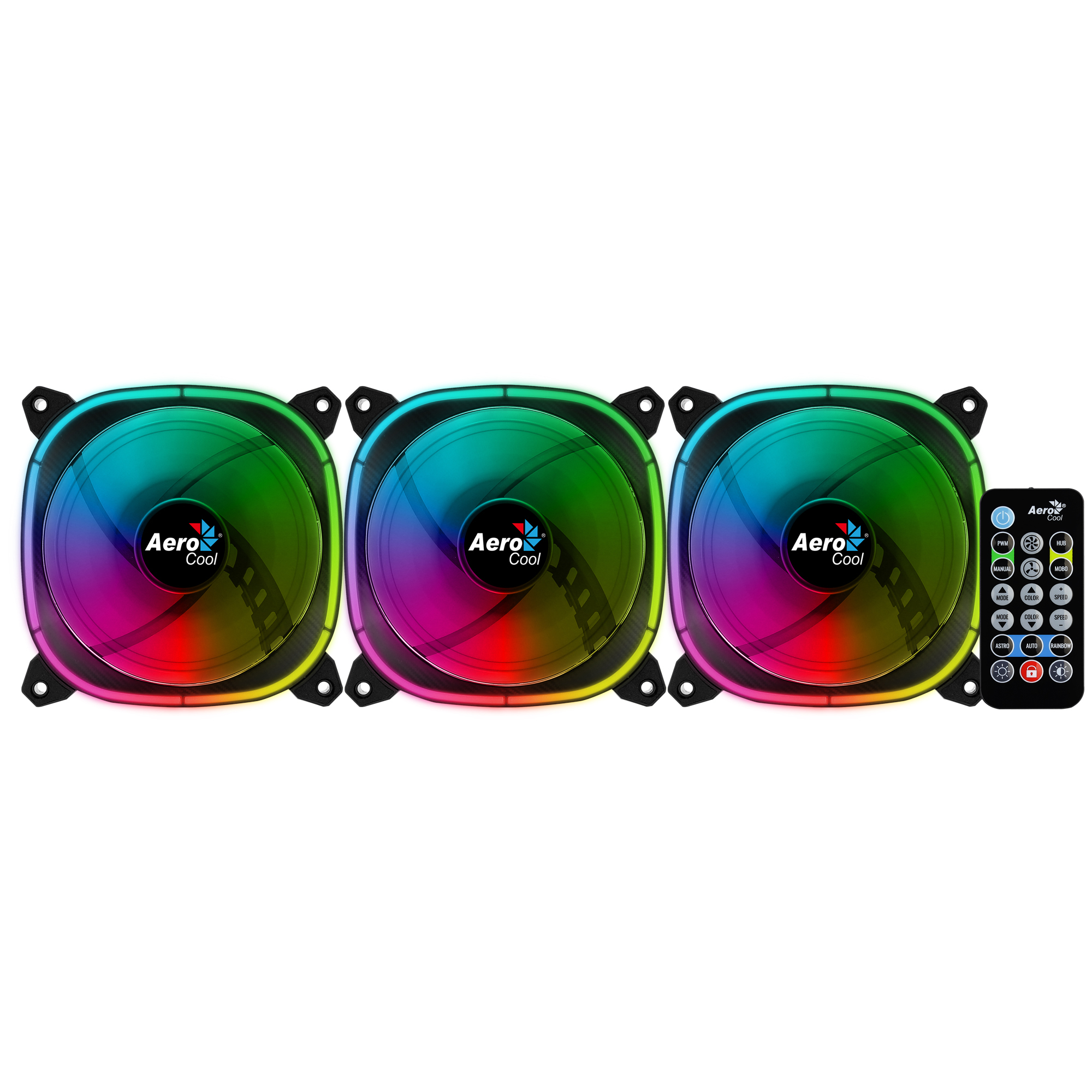 Tre ventole per computer con illuminazione RGB. Le ventole sono nere con il logo AeroCool. Sfondo bianco.