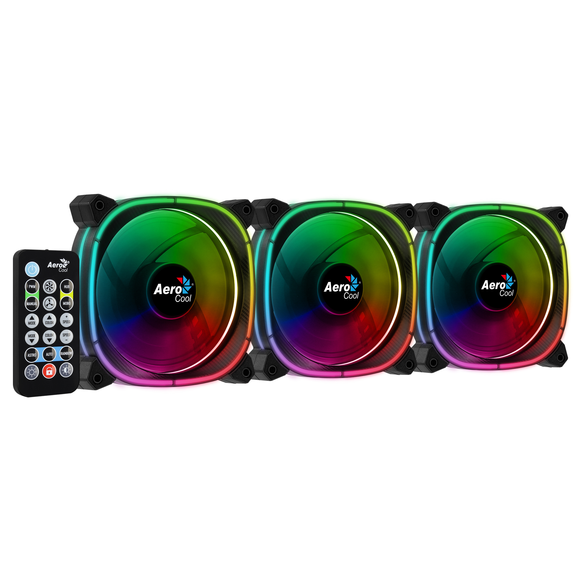 Tre ventole RGB con telecomando. Le ventole hanno un'illuminazione colorata e il marchio 'AeroCool'.