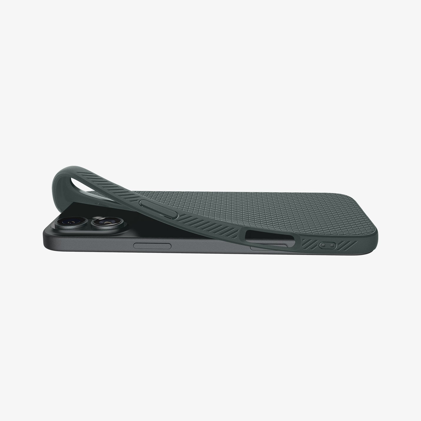 Dark green phone case on a phone. The case is slightly open, revealing the phone's back.
