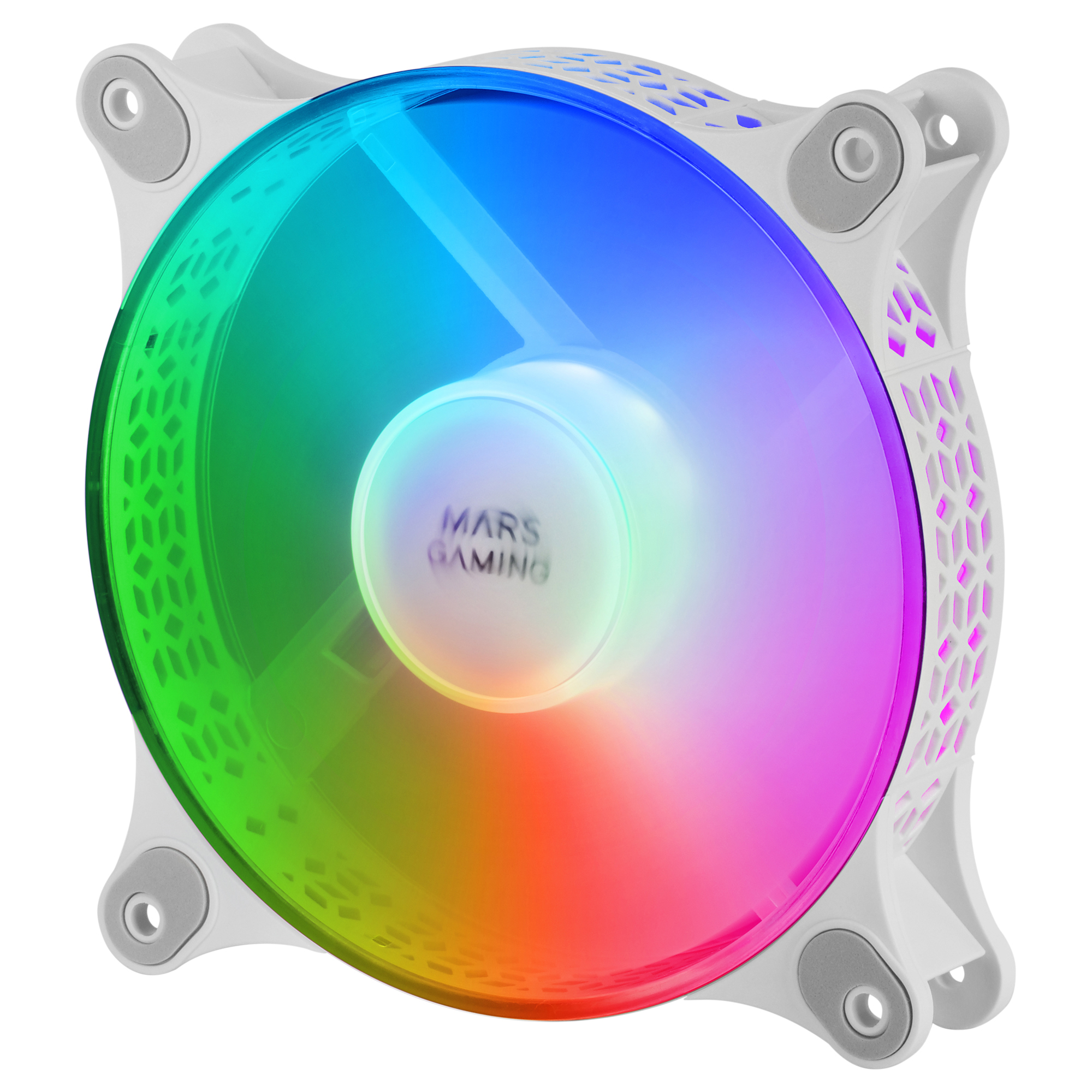 Un ventilador de computadora con luces LED multicolores y un marco blanco.