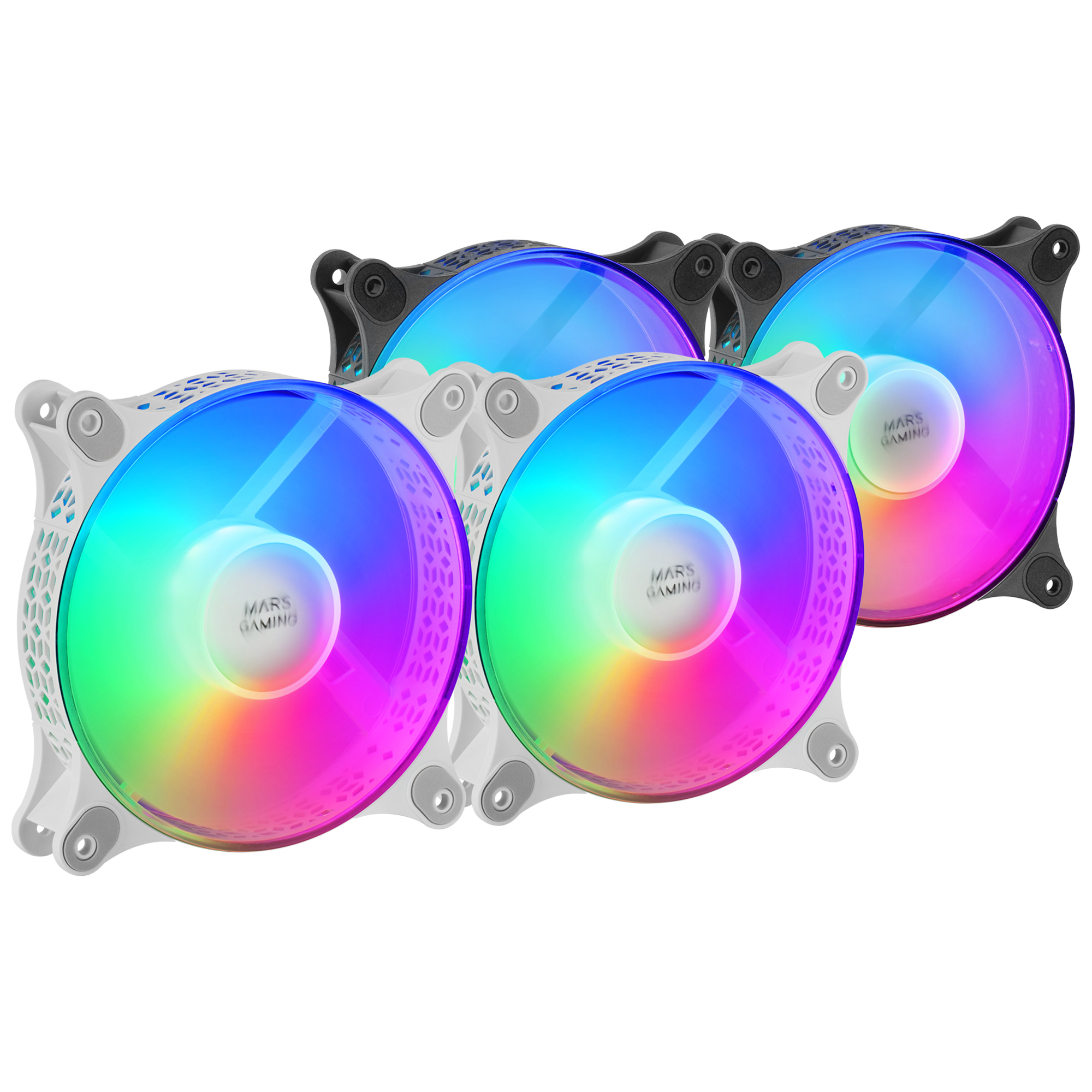 Tres ventiladores de ordenador con marcos transparentes y luces de color arcoíris, que muestran el logotipo de "MARS GAMING".