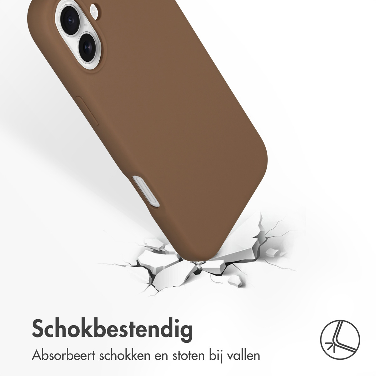 Coque de téléphone marron sur fond blanc, brisant une surface blanche.
